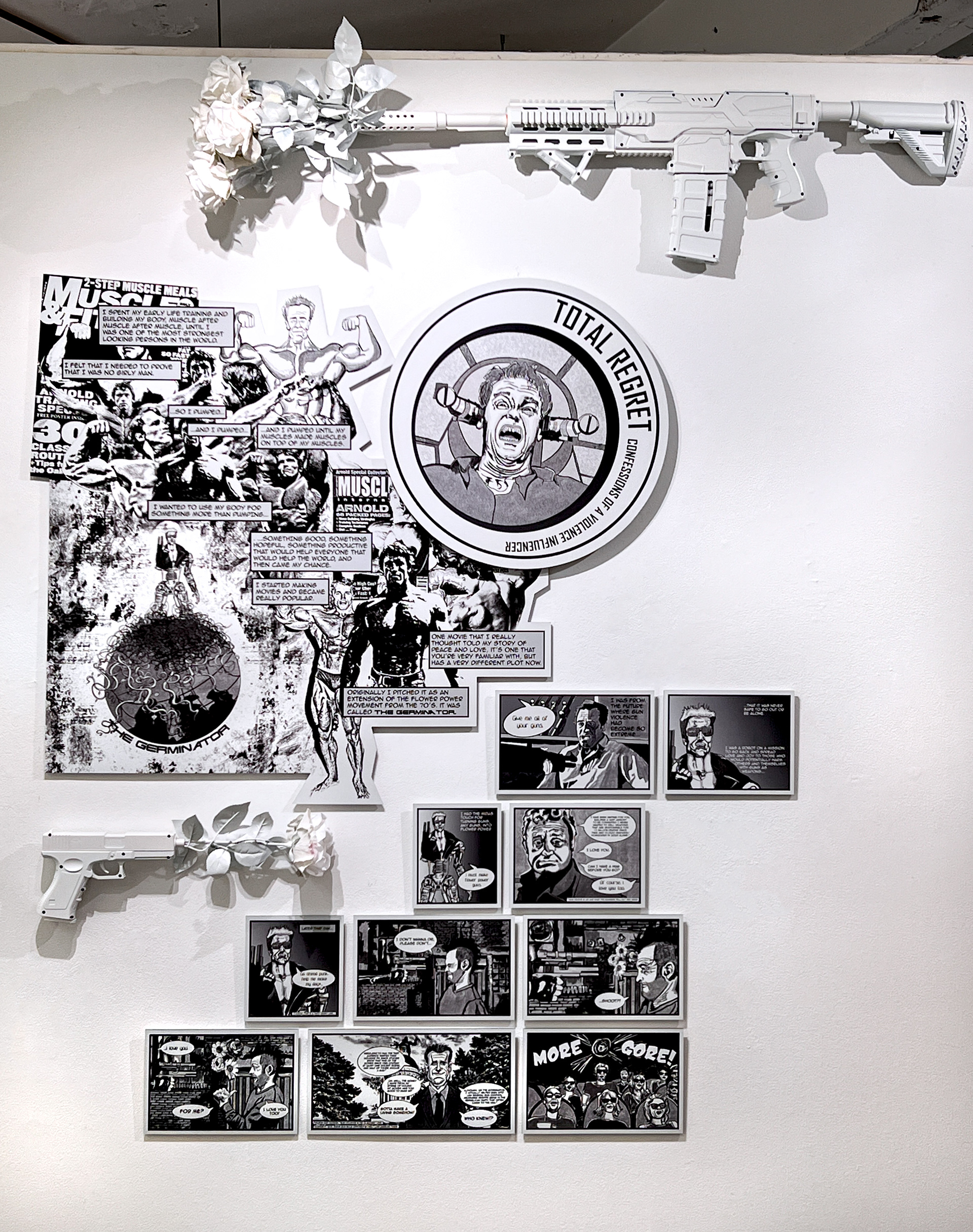 Total Regret: Confessions of a Violence Influencer, 2023, ink drawing printed on Diebond, 6’ x 4’