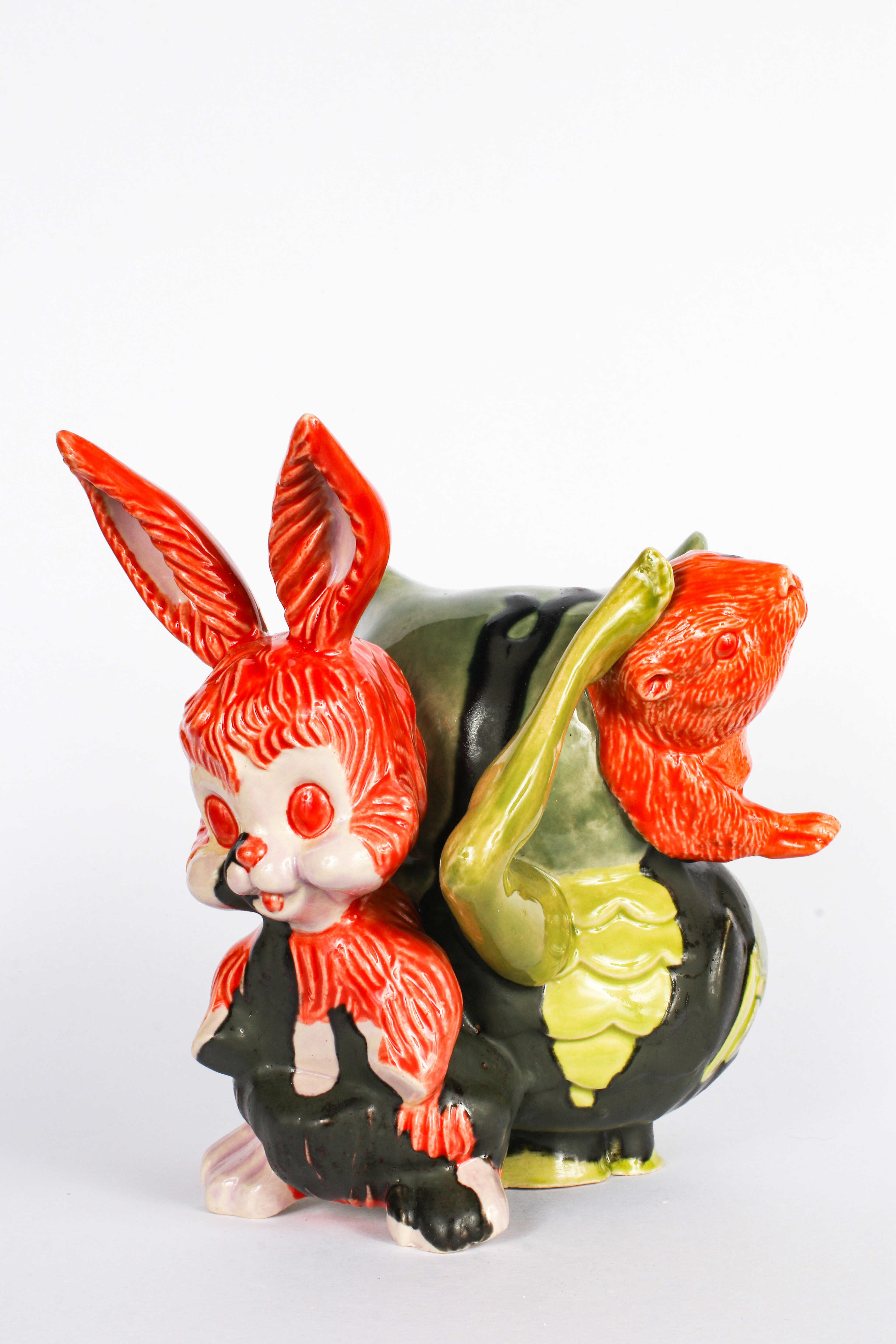 Owl with Bunny and Beaver, 2022, slip cast porcelain, glaze, 6 x 5 x 5 in