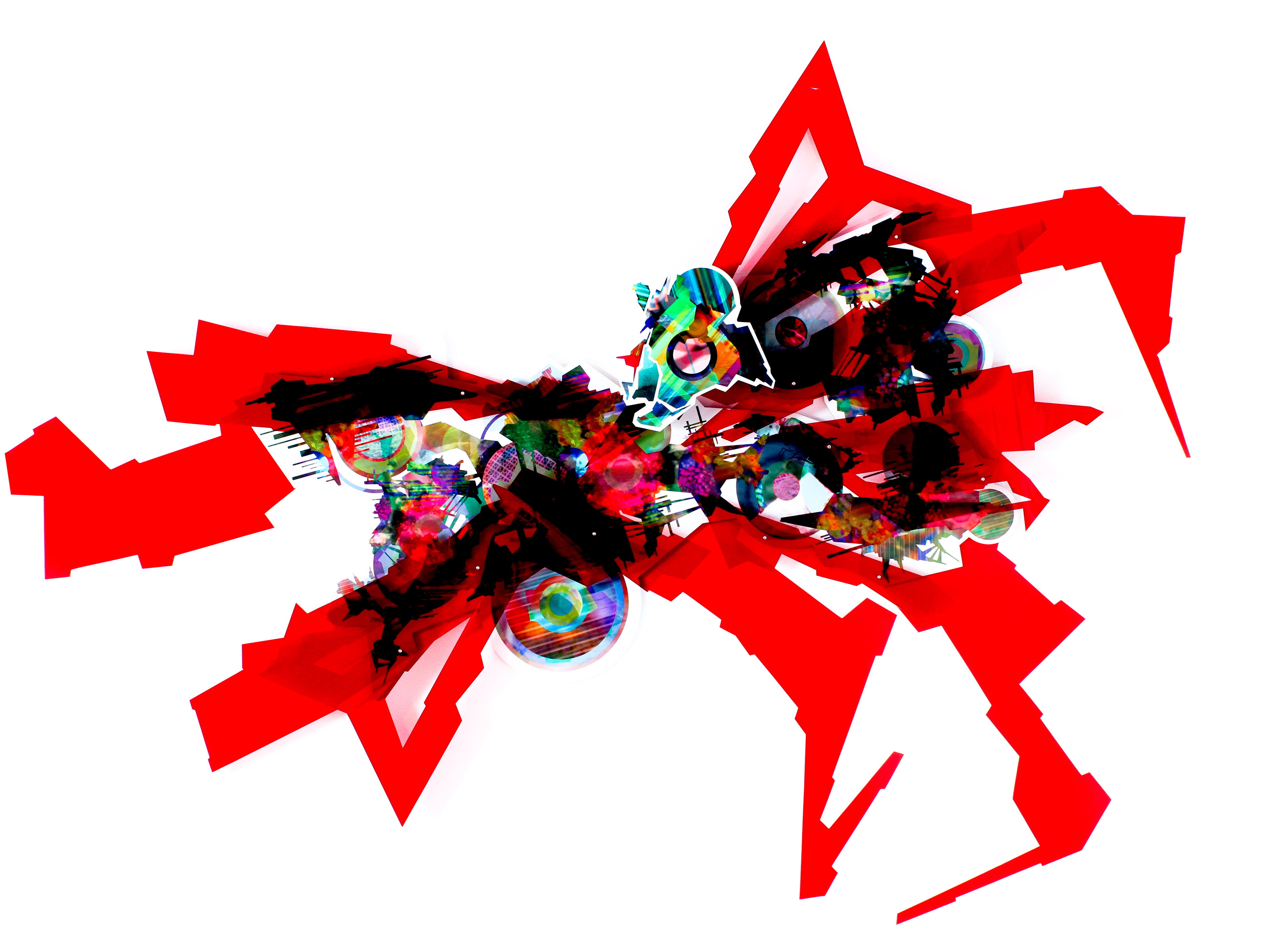 Meta Memory 32, 2017, manipulated digital photo collage with laser-cut acrylic on aluminum Dibond, 32 x 52 in