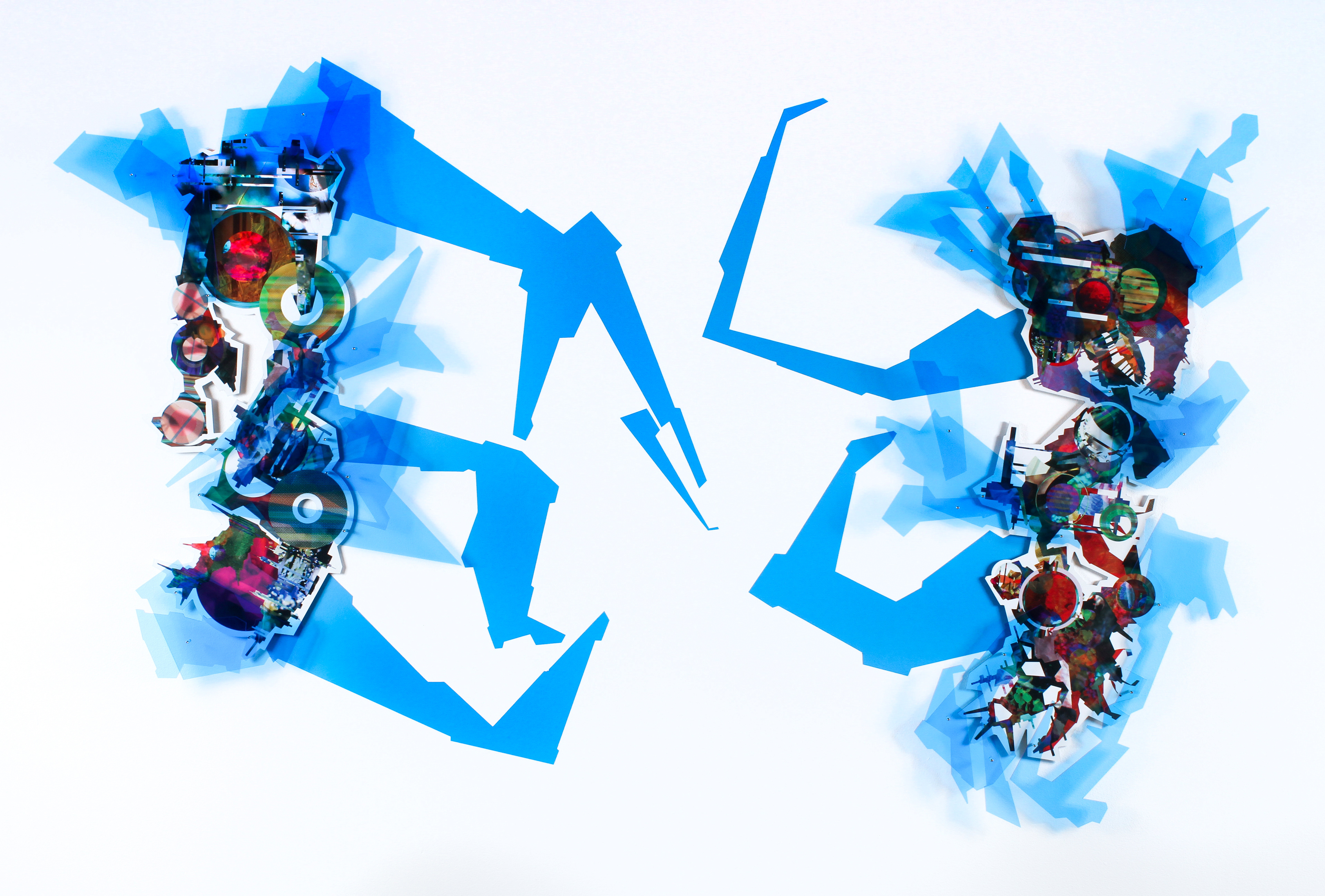 Meta Memory 25 and 40 , 2017, manipulated digital photo collage with laser-cut acrylic on aluminum Dibond, 36 x 36 in