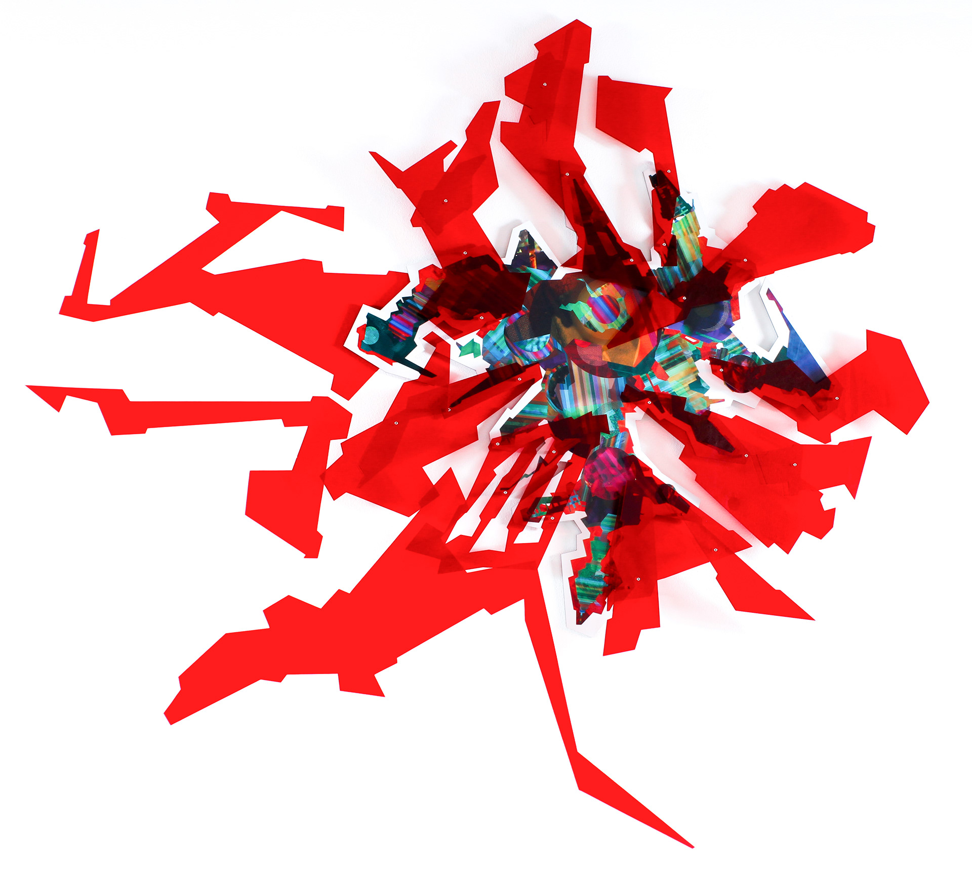 Meta Memory 7, 2017, manipulated digital photo collage with laser-cut acrylic on aluminum Dibond, 36 x 36 in