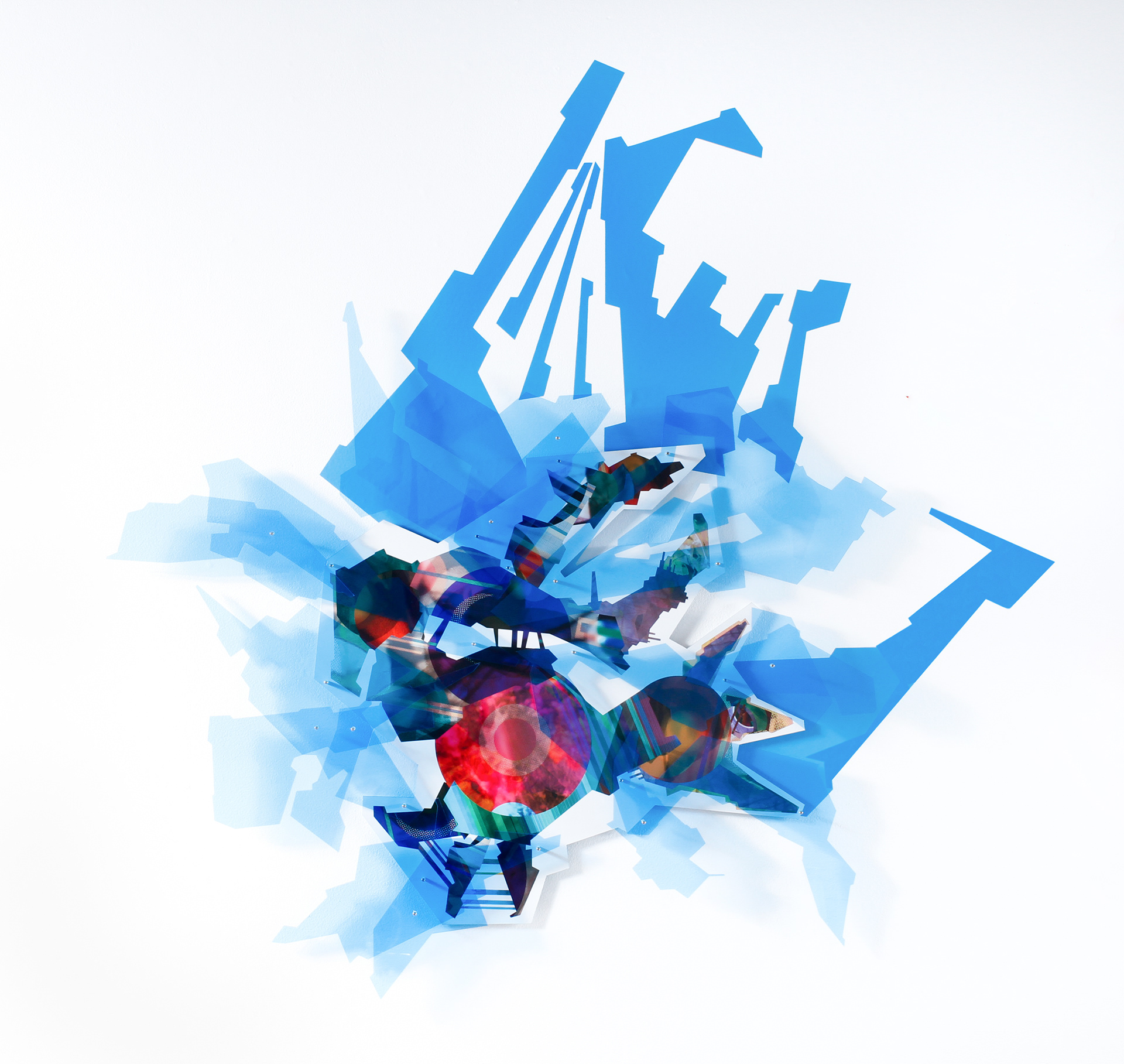 Meta Memory 126, 2017, manipulated digital photo collage with laser-cut acrylic on aluminum Dibond, 36 x 36 in