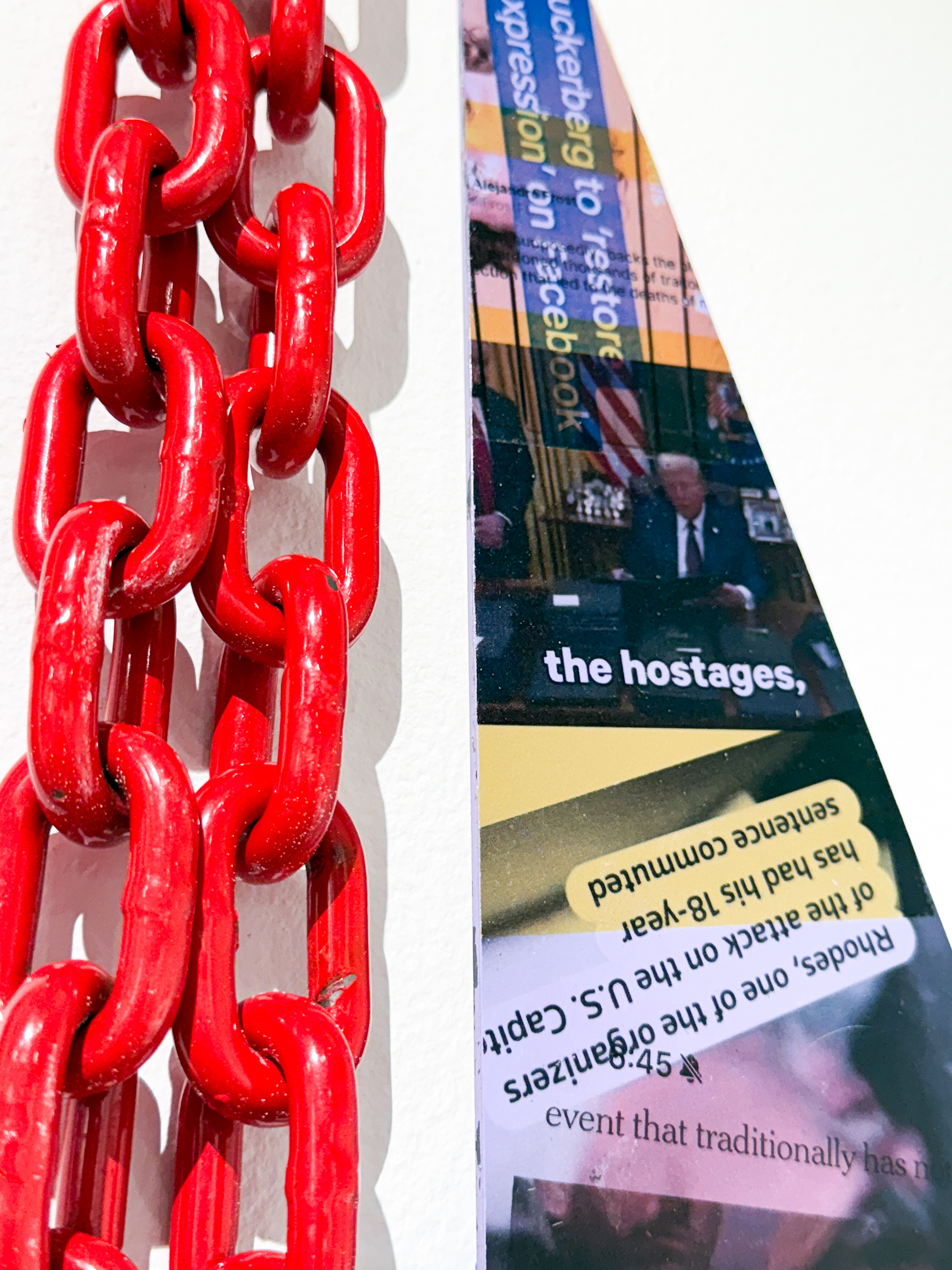 Our Better Angels: J6, 2025, acrylic image transfer on aluminum dibond, chain, vinyl., detail