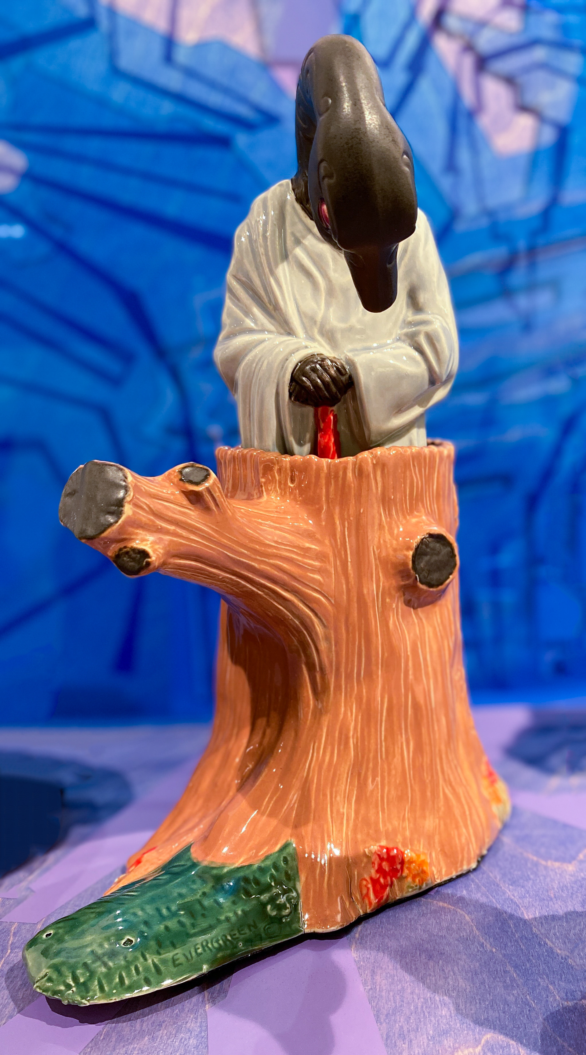 Black Swan Prophet and Tree, 2022, slip cast porcelain, glaze, 10 x 8 x 3.5 in