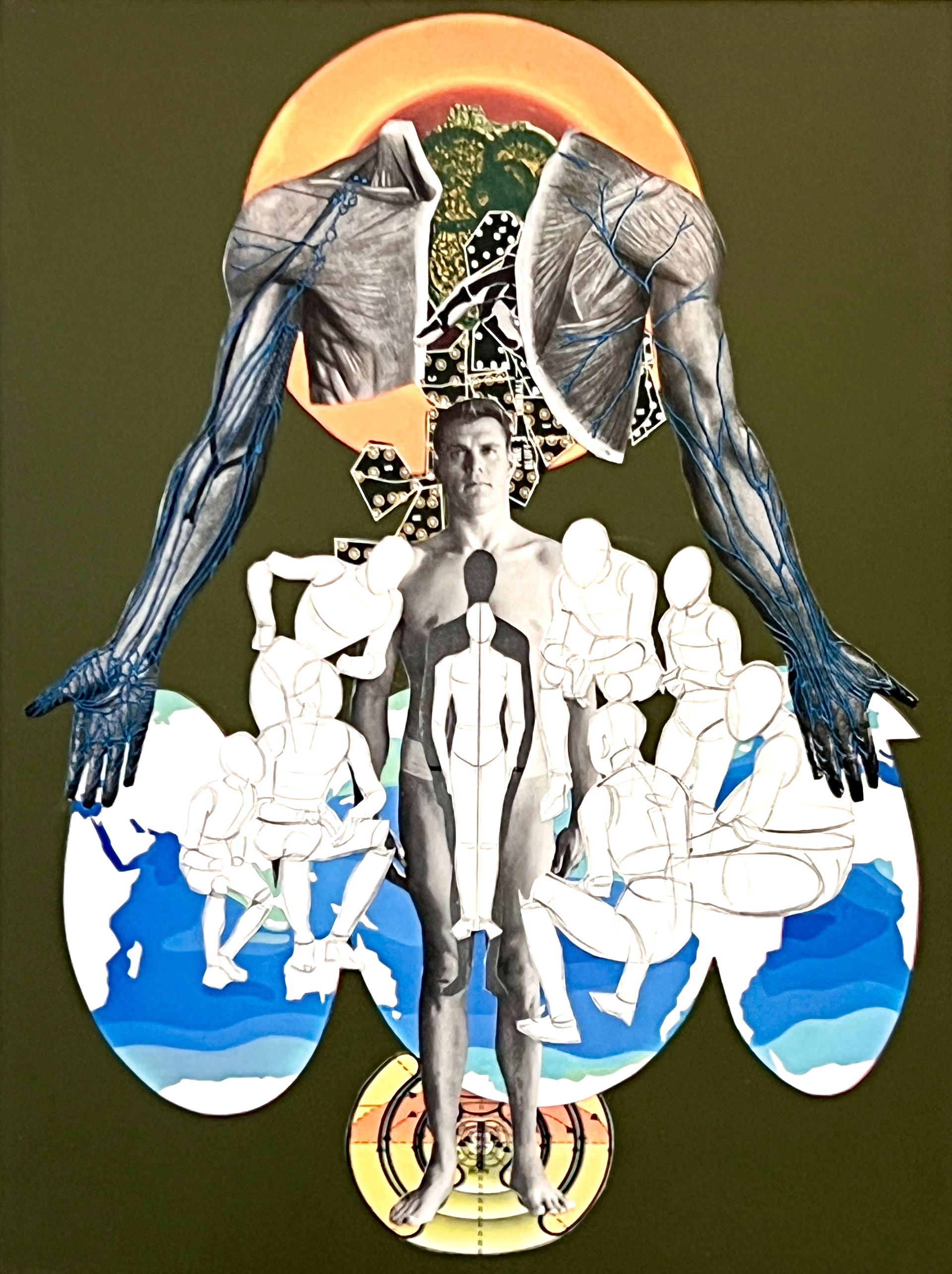 Reconciling Masculinity 6, 2023, paper, glue, acrylic paint, archival satin matte medium top coat on birch panel 