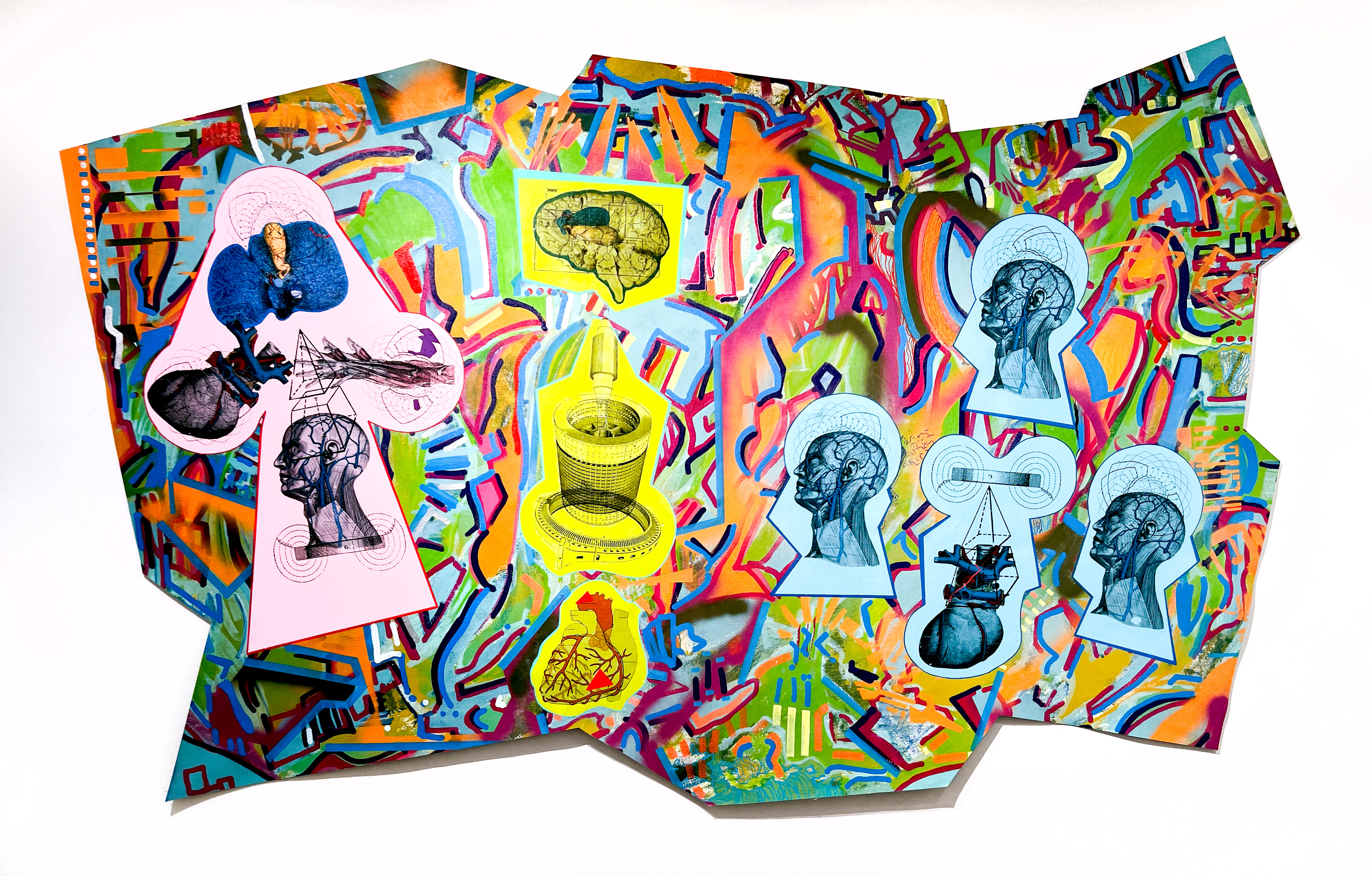 Reconciling Masculinity: The Science Says, 2023, acrylic paint and transfers on canvas, 4 x 8 ft