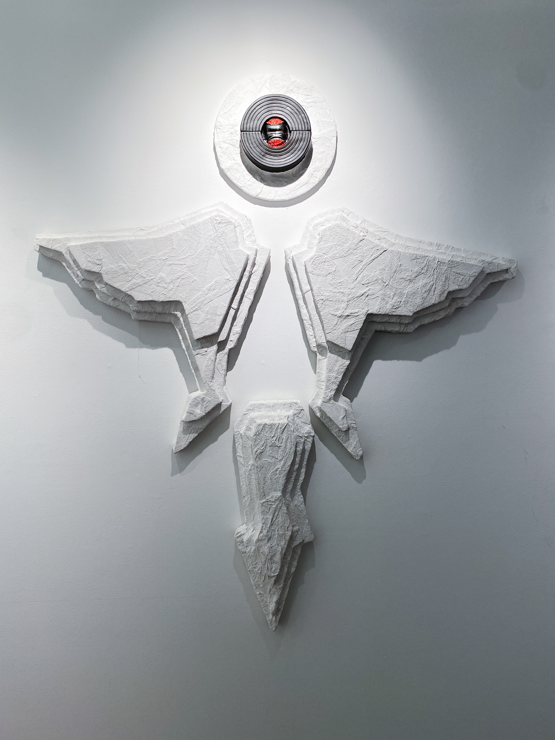 Caduceus, 2022, wood, insulation foam, plaster bandage, and ceramic, 6 x 5 ft