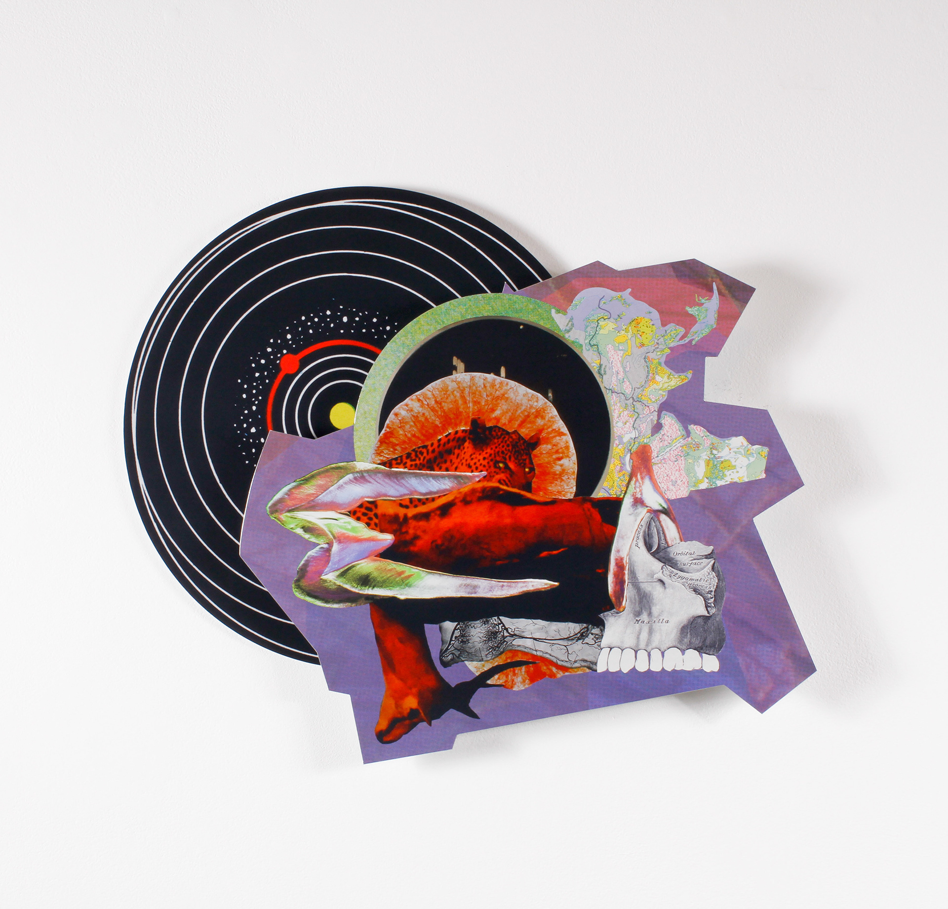 Transmission 5, 2018, manipulated analog and digital collage on aluminum Dibond, 20 x 20 in