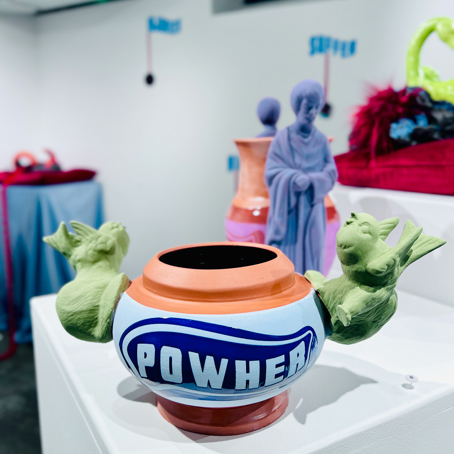 Powhr, 2024, glaze on low-fire terracotta, 6 x 10 x 10 in