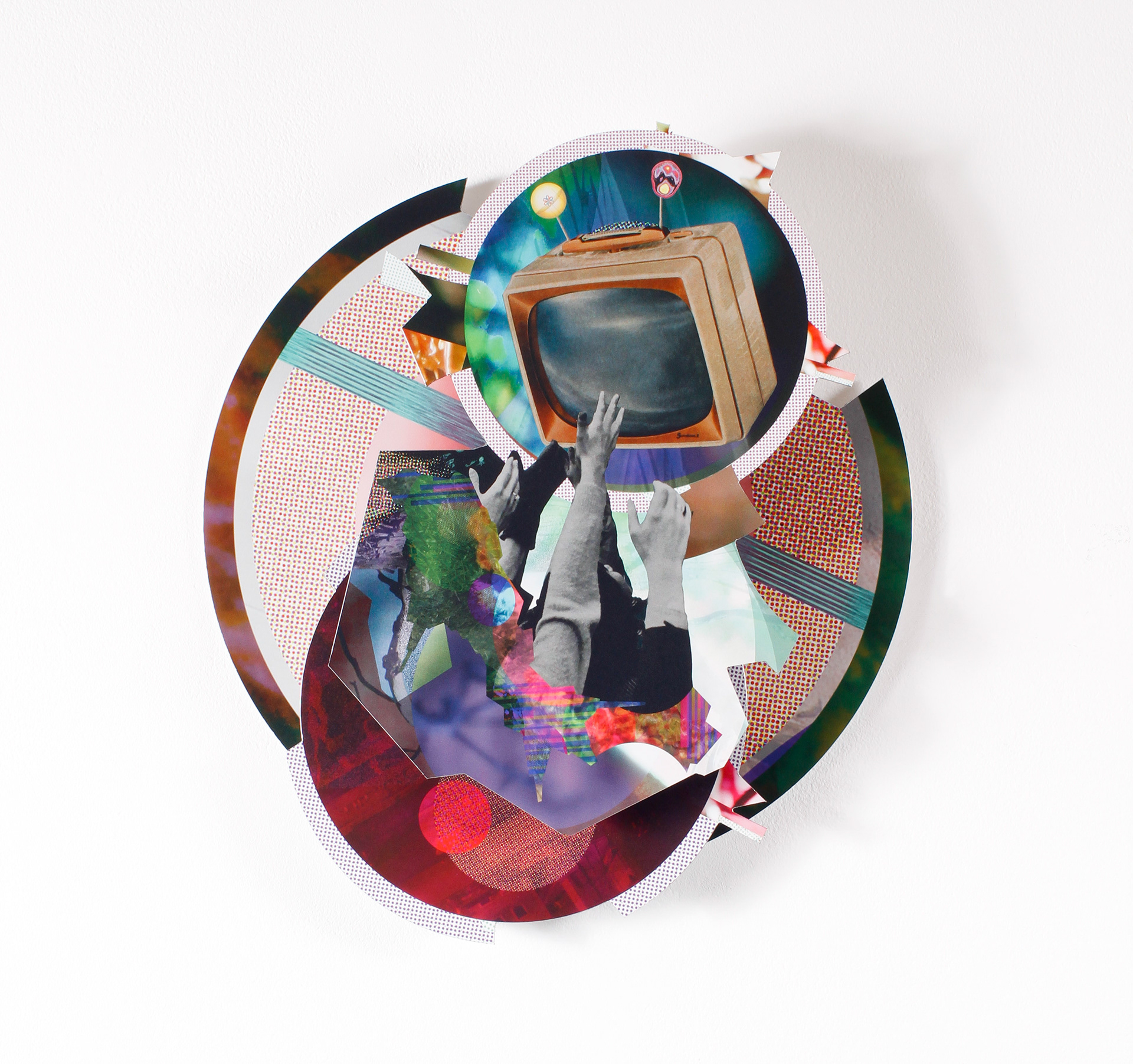 Transmission 1, 2018, manipulated analog and digital collage on aluminum Dibond, 20 x 20 in