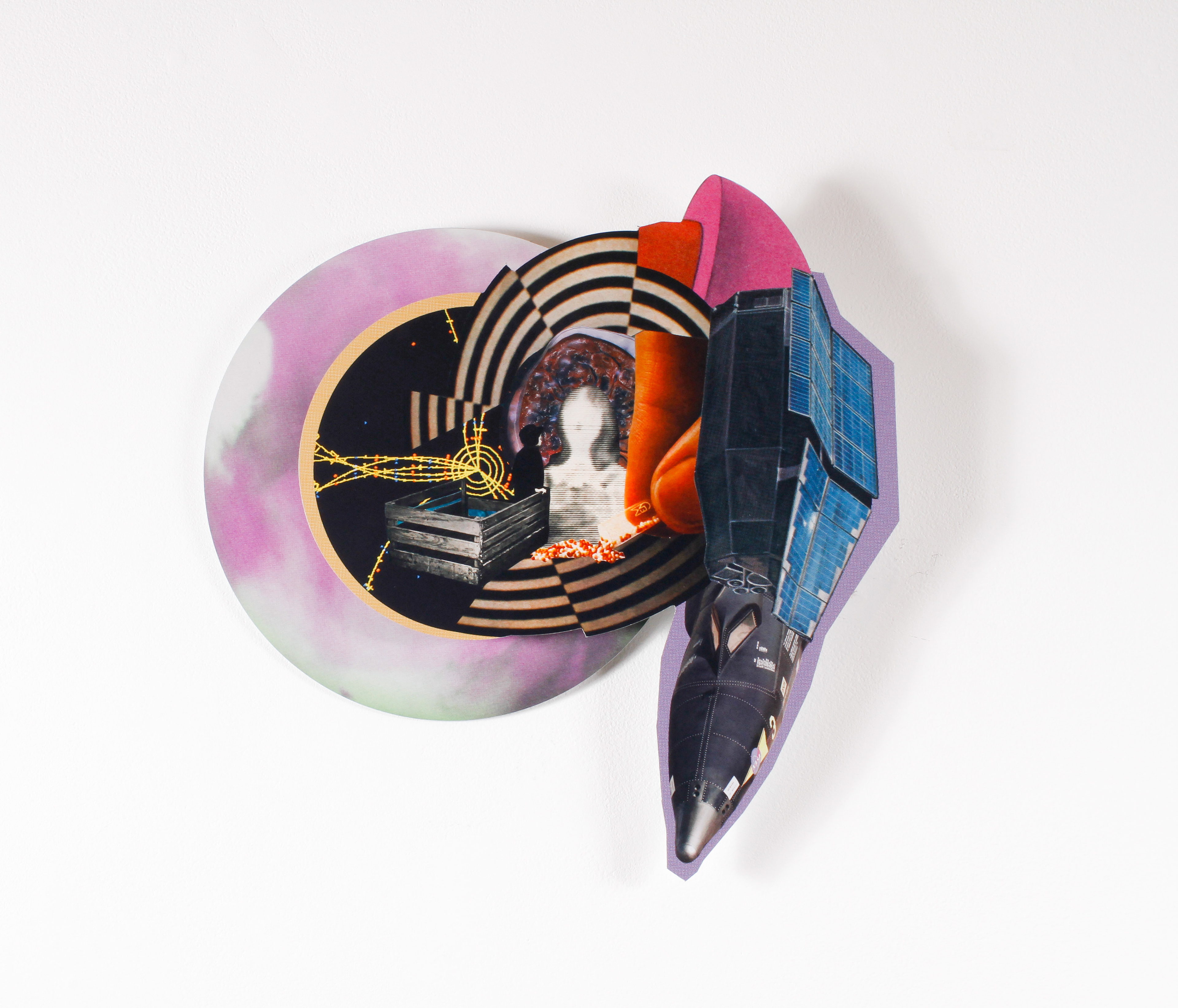 Transmission 6, 2018, manipulated analog and digital collage on aluminum Dibond, 20 x 20 in