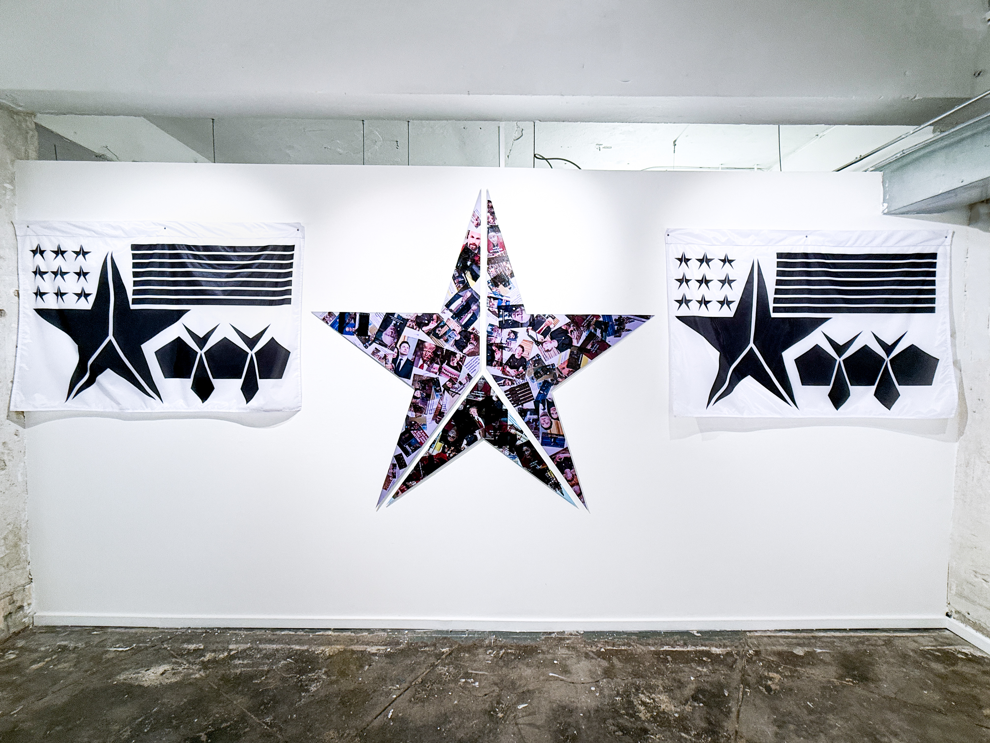 Our Better Angels (triptych), 2025, printed nylon flag, acrylic image transfer on aluminum dibond.