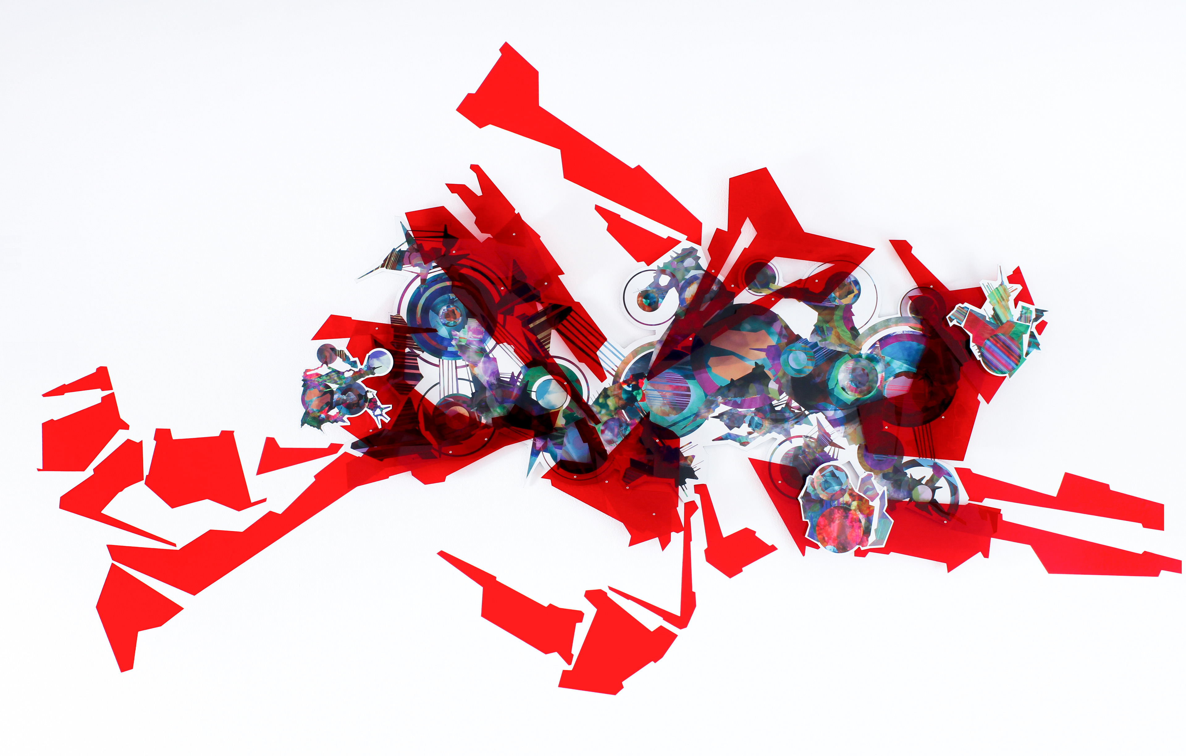 Meta Memory 75, 2017, manipulated digital photo collage with laser-cut acrylic on aluminum Dibond, 36 x 60 in