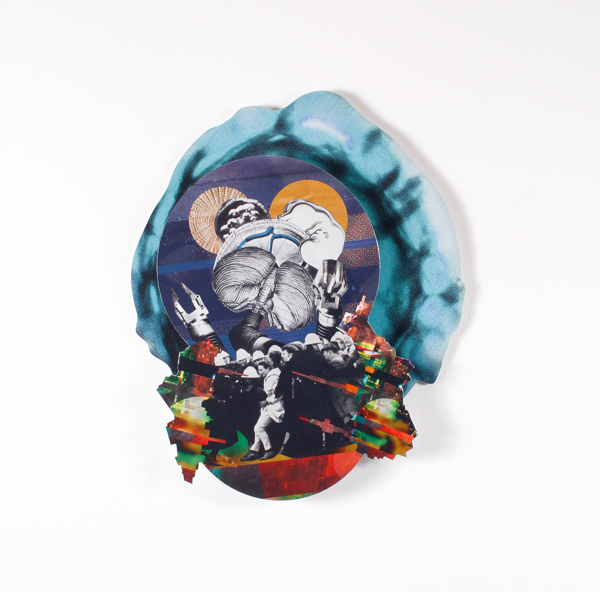 Transmission 3, 2018, manipulated analog and digital collage on aluminum Dibond, 20 x 20 in