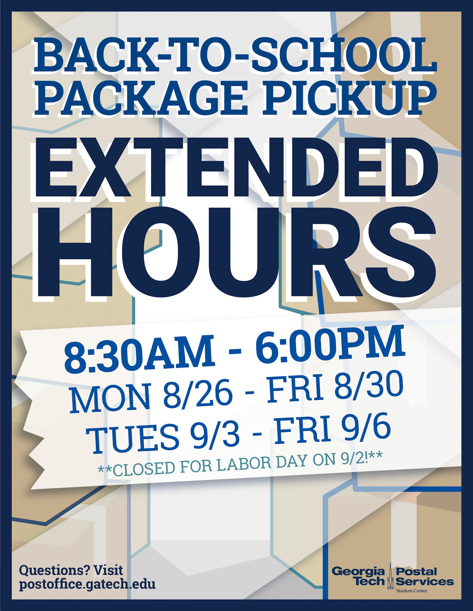 Extended hours informational signage for the Georgia Tech post office.