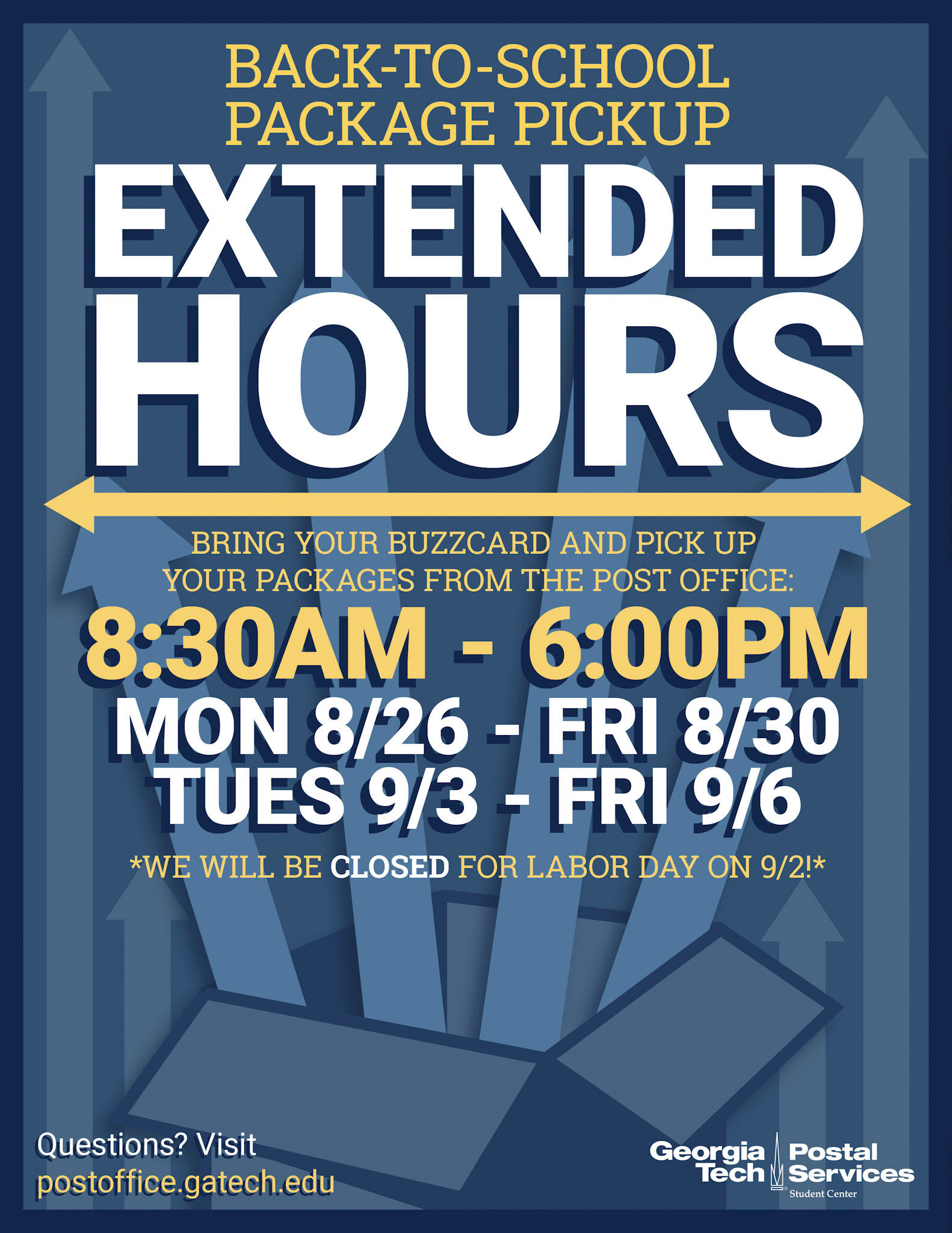 Alternate extended hours informational signage for the Georgia Tech post office.