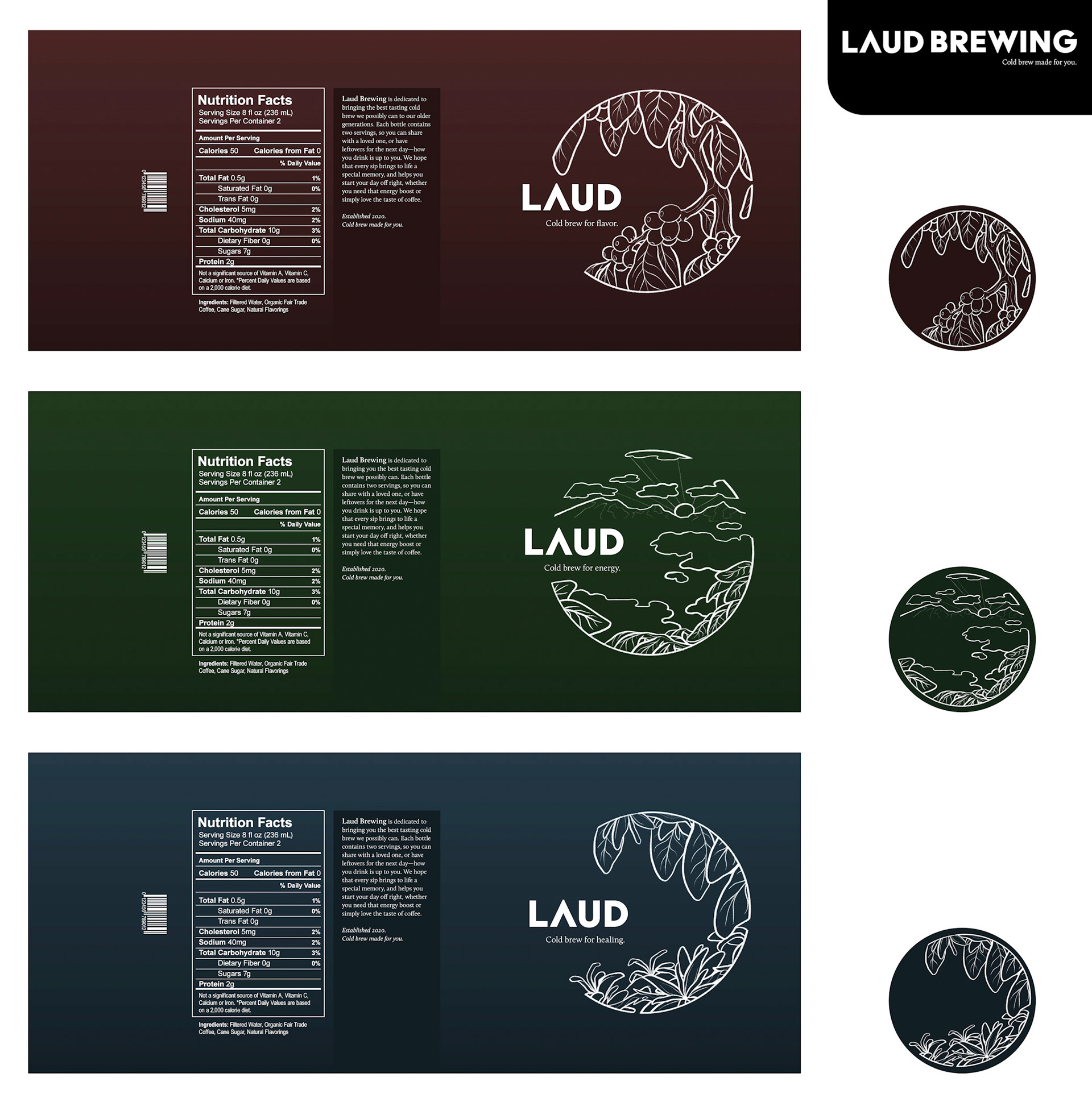 Label designs for a comprehensive research project for a graphic design course.