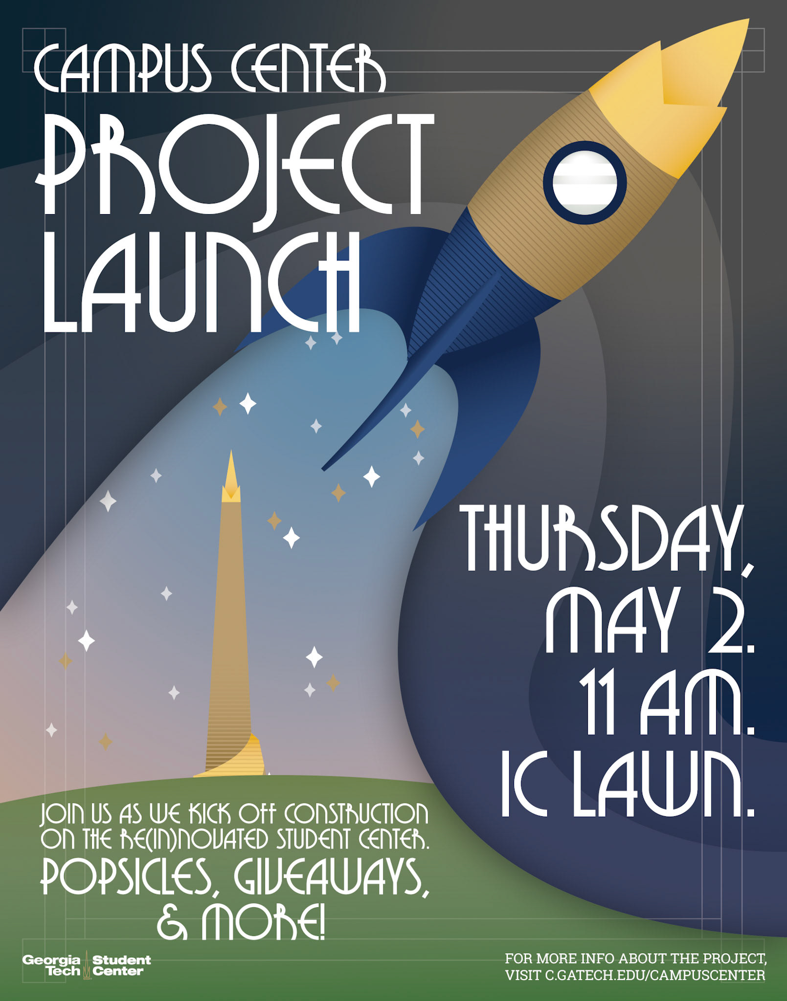 Poster for the launch of the new Campus Center construction project at Georgia Tech.