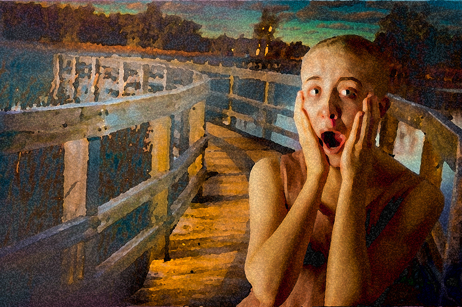 Nancy's reinvention of The Scream with a figure on the front let with mouth open and hands on face on a boardwalk.
