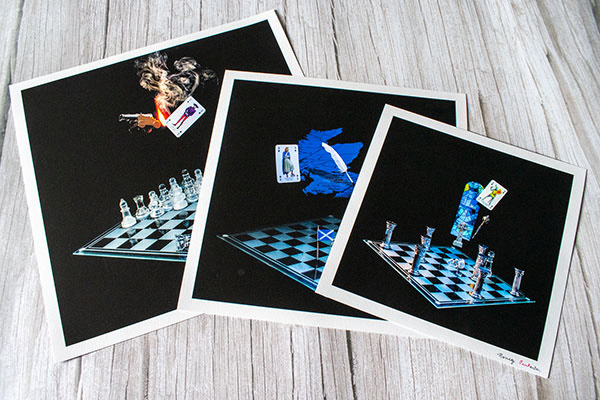 photograph of 3 different sizes of prints from the Scotland's Chequered Throne collection