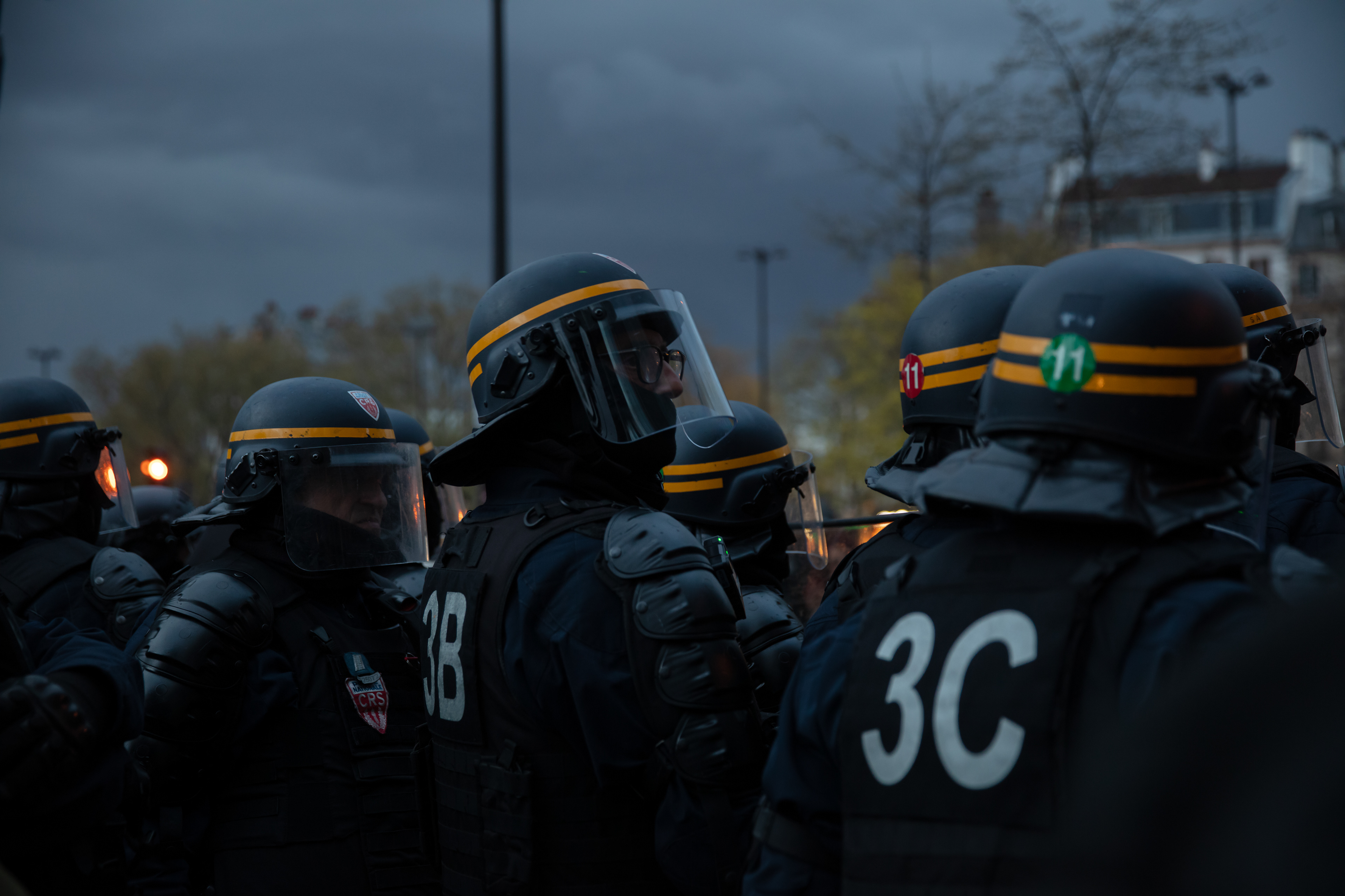 Police secure a position before clashes erupt with protesters near Opéra Bastille, Paris, France April 13th 2023.