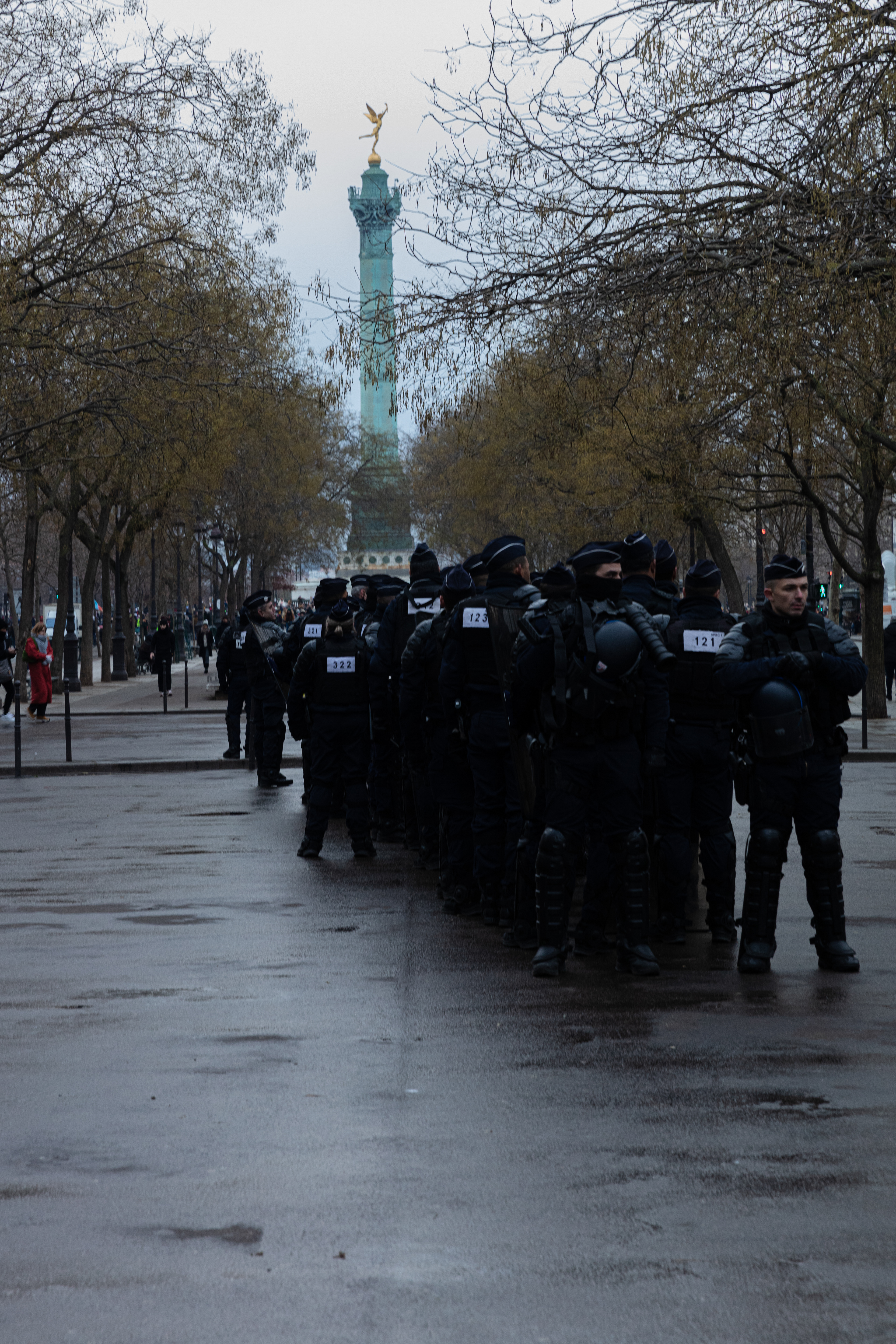 Police gathering before clashes erupt with protesters in Bastille, Paris. France April 13th 2023.