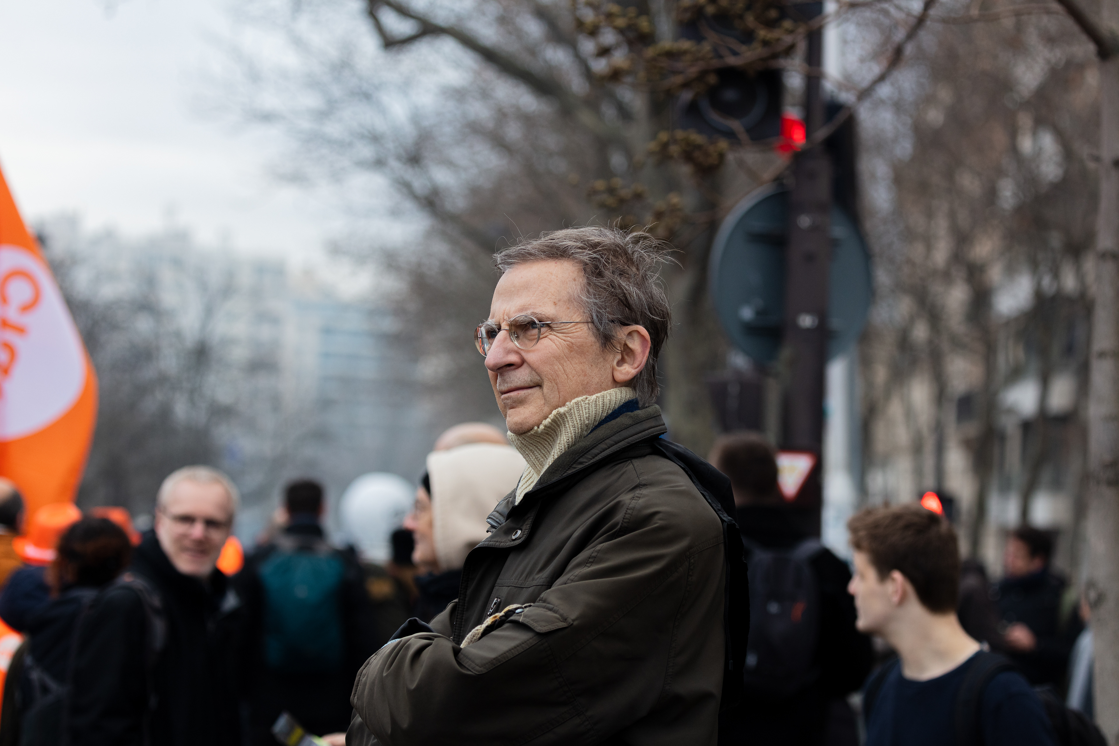 An old French man participates in a protest to show solidarity against pension reforms in Paris, France, January 31st 2023.