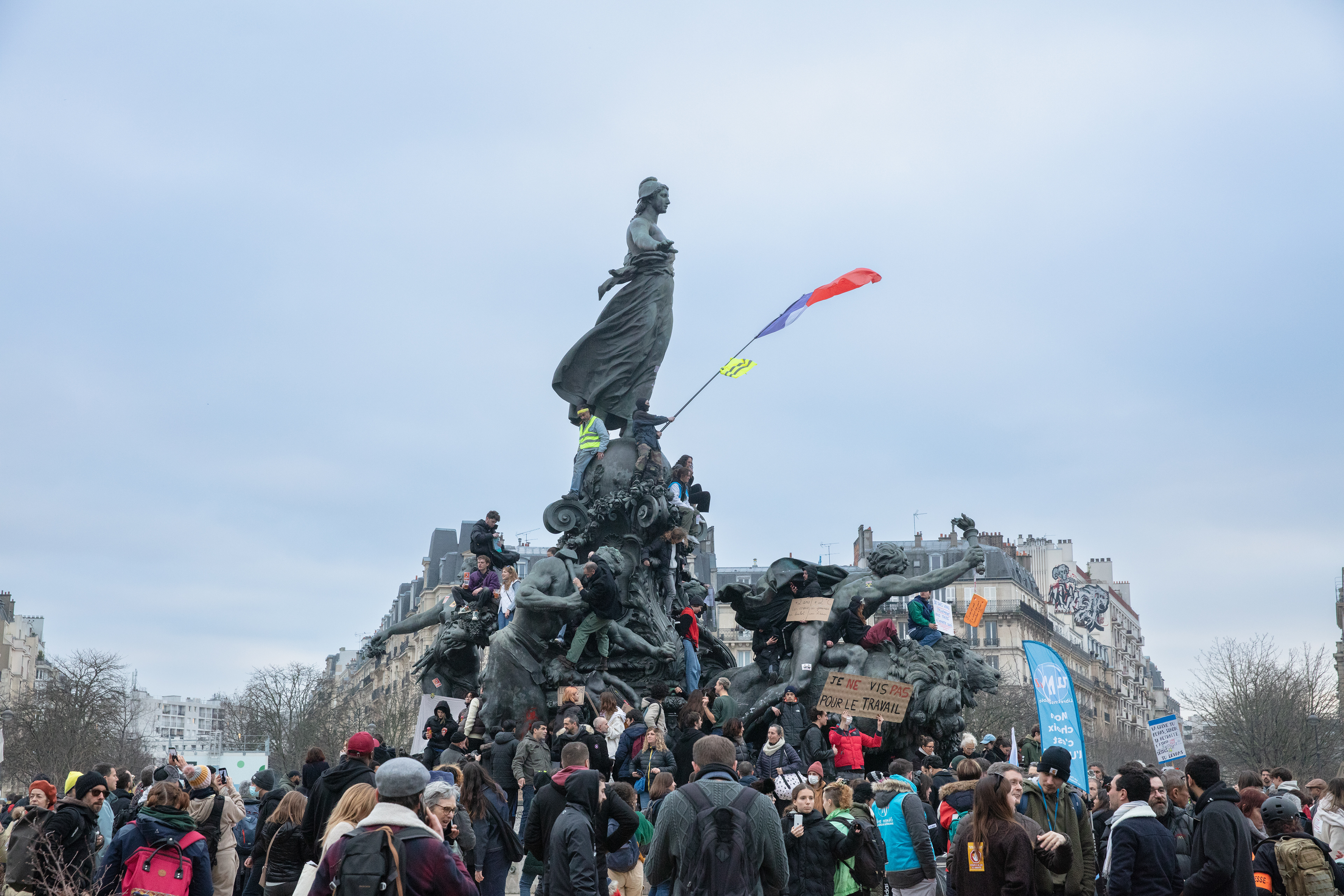Demonstrators gather in Place de la Nation against pensions reforms in Paris, France, February 11th 2023.