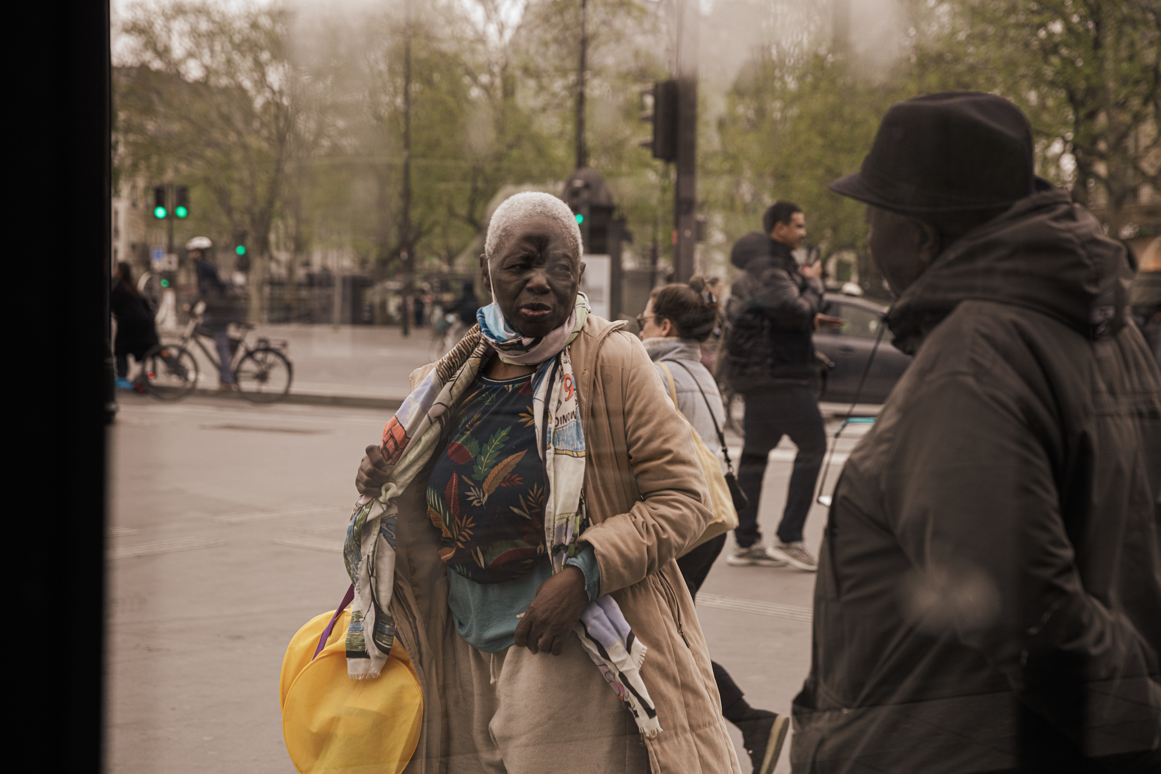 Old couple outside Opera Bastille in Paris, France, April, 17th 2023.
