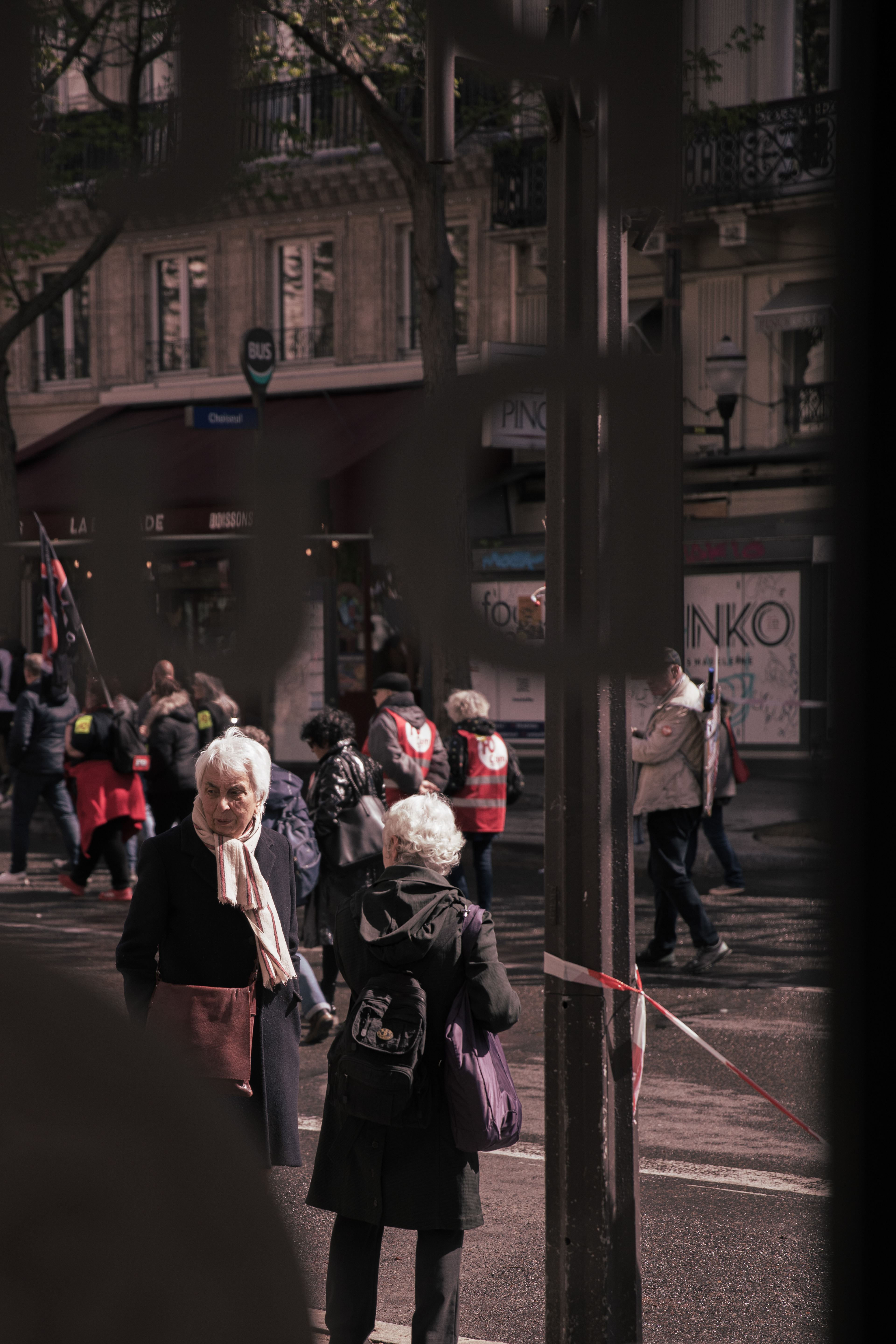 Two old women at the demonstration against the against the pension reforms, in Paris, France, April 13th 2023.