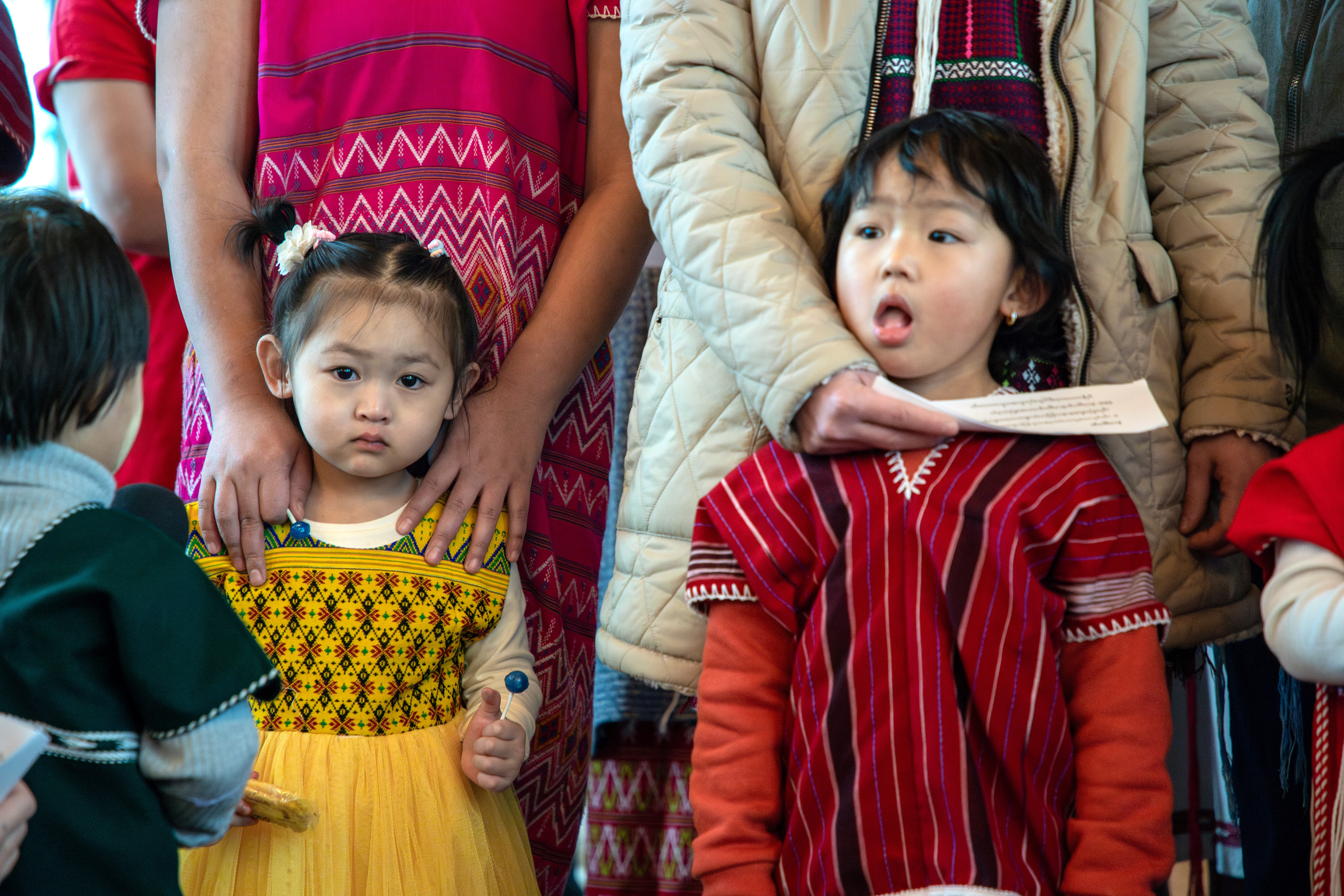 Children of former Karen refugees of Myanmar gather and sing at a retirement party Sunday, Feb. 18, 2024 at Tabernacle Baptist Church, Ithaca, NY. Photo by Xinyi Qin.