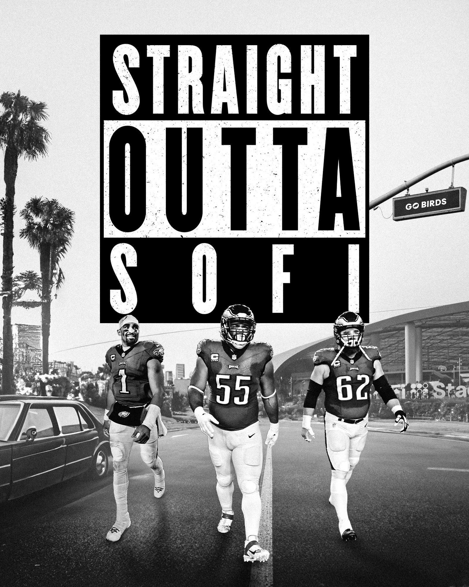 A postgame one-off win graphic created after defeating the Rams in Los Angeles, inspired by the iconic Straight Outta Compton aesthetic. The design featured the phrase “Straight Outta SoFi” as a bold statement celebrating the road victory and reinforcing our presence in LA.