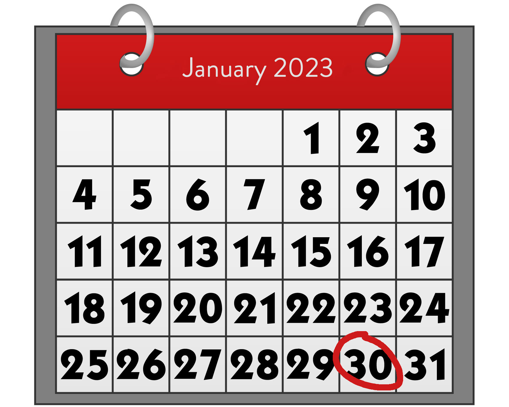 Calendar page for January 2023 with the 30th highlighted