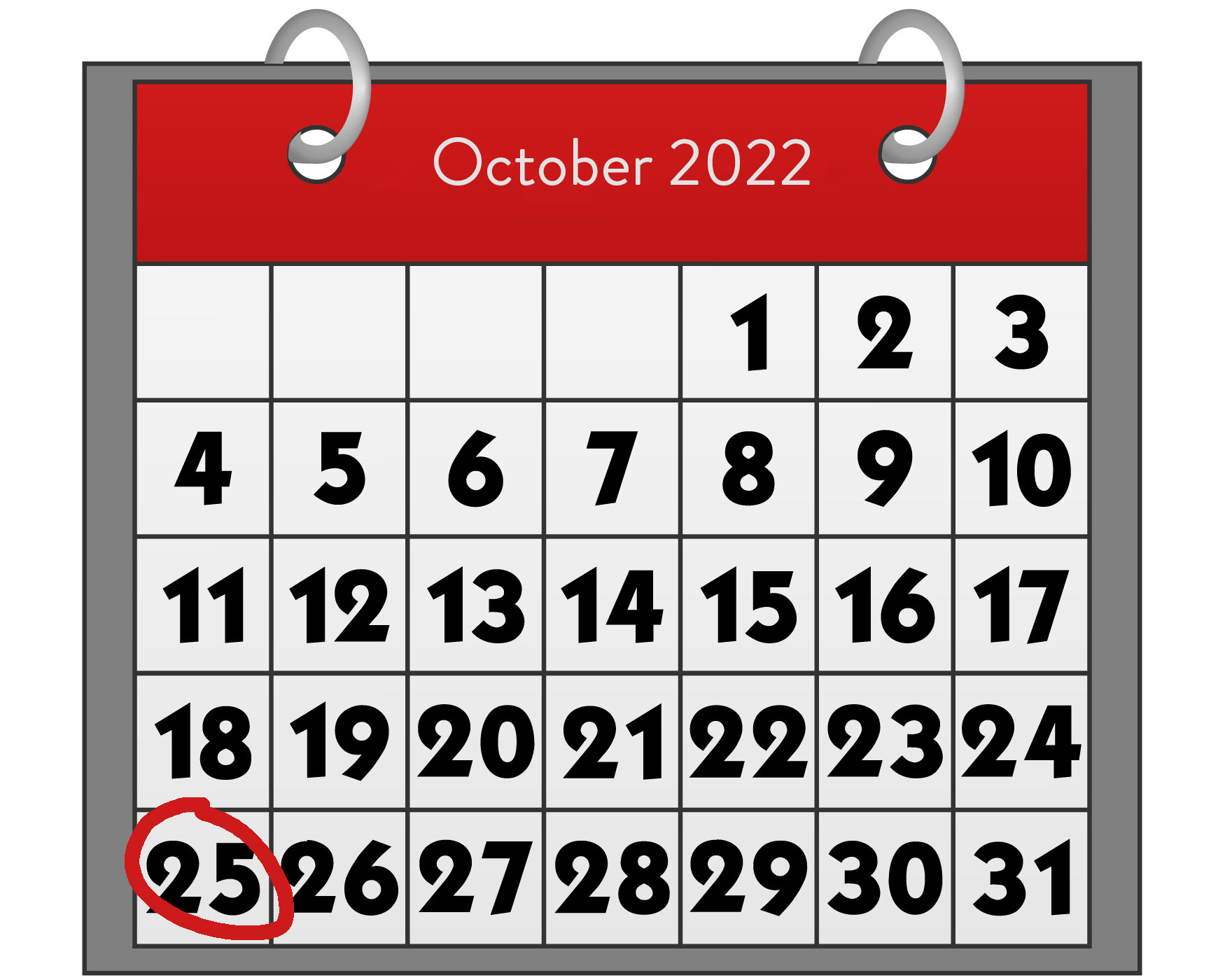 Calendar page for October 2022 with the 25th highlighted