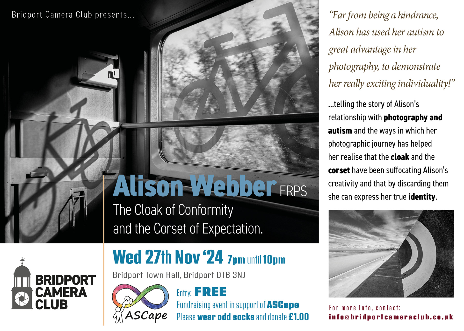 Poster for a presentation to be given by Alison Webber FRPS on Wednesday 24th November 2024 aat Bridport Town Hall at 7pm.