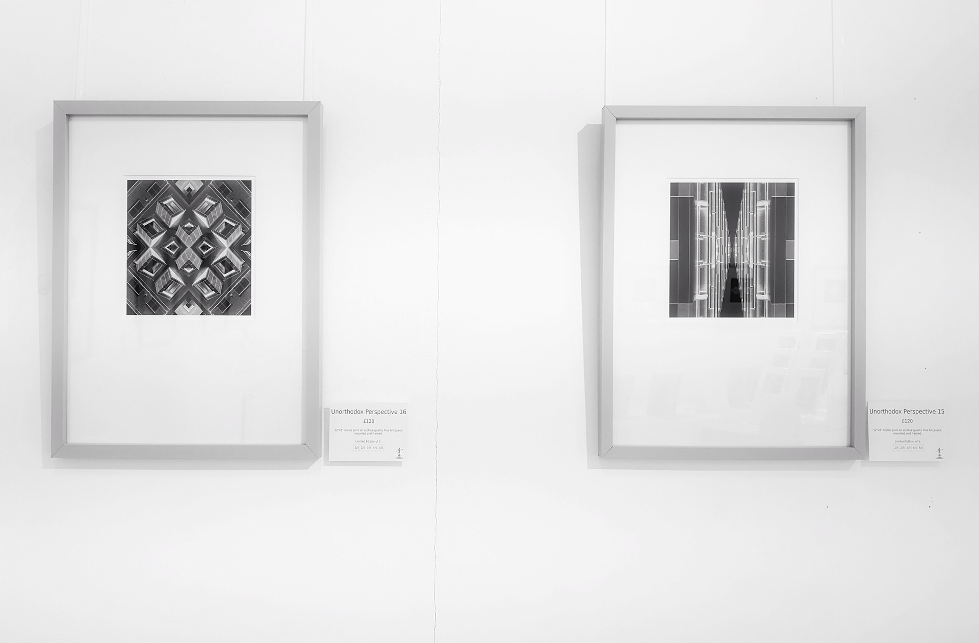 Showing two framed images hanging on a wall at an exhibition