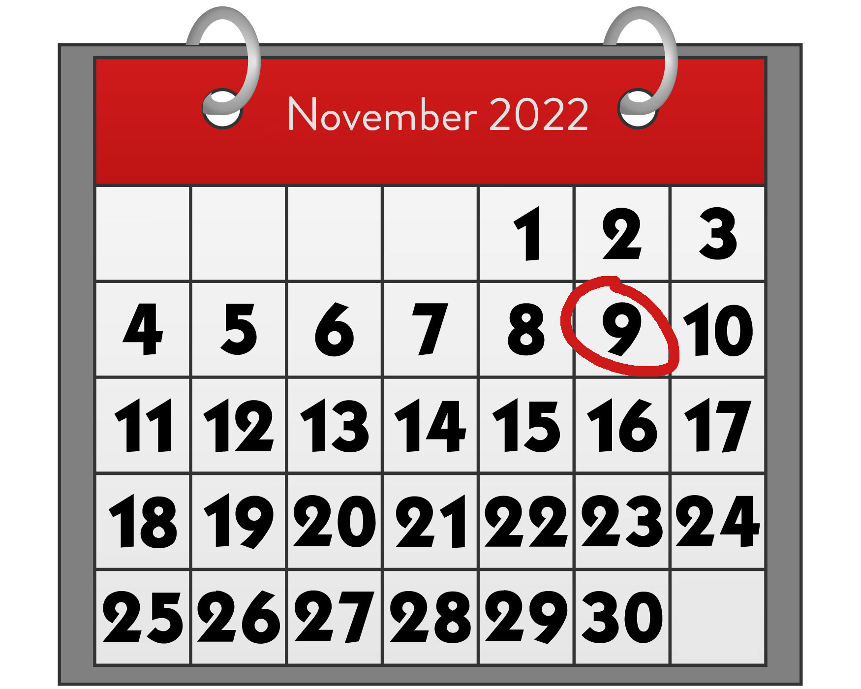 Calendar page for November 2022 with the 9th highlighted