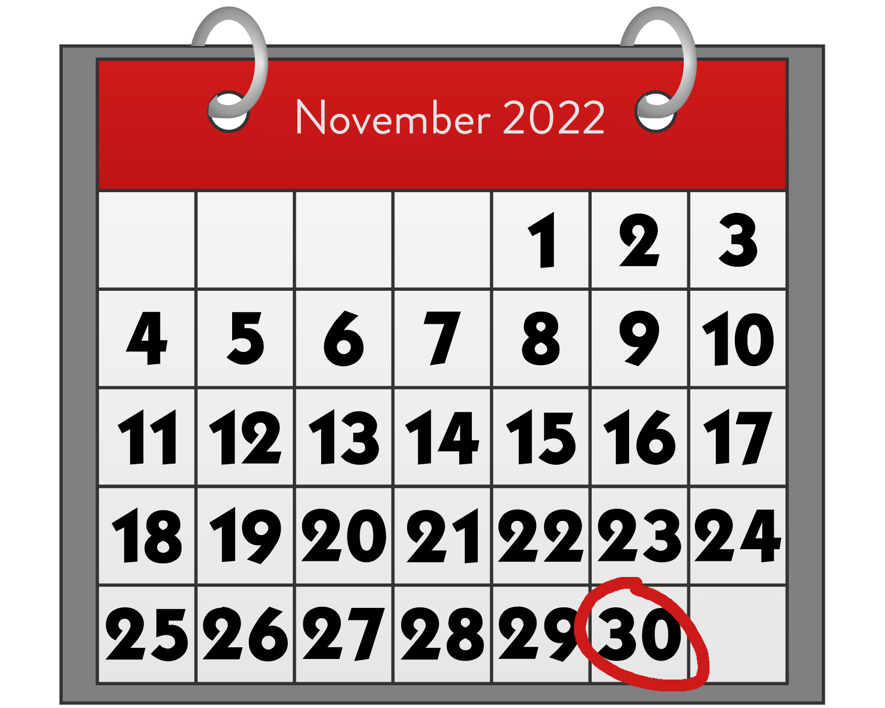 Calendar page for November 2022 with the 30th highlighted