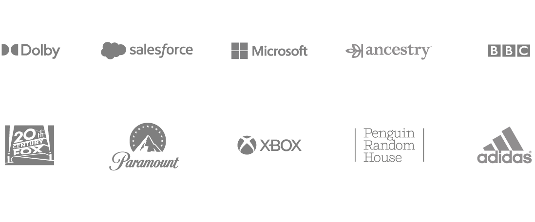 Logo wall of brands Adam has worked with including Dolby, Ancestry, Salesforce, Microsoft, BBC, 20th Century Fox, Paramount Pictures