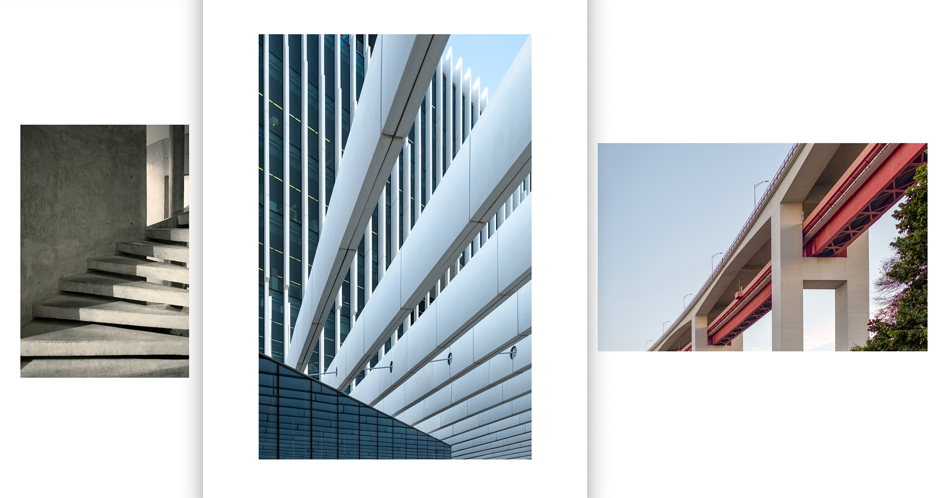 Triptych of modern architectural details: a spiral concrete staircase, diagonal fins on a glass office tower, and a concrete road viaduct with red steel girders