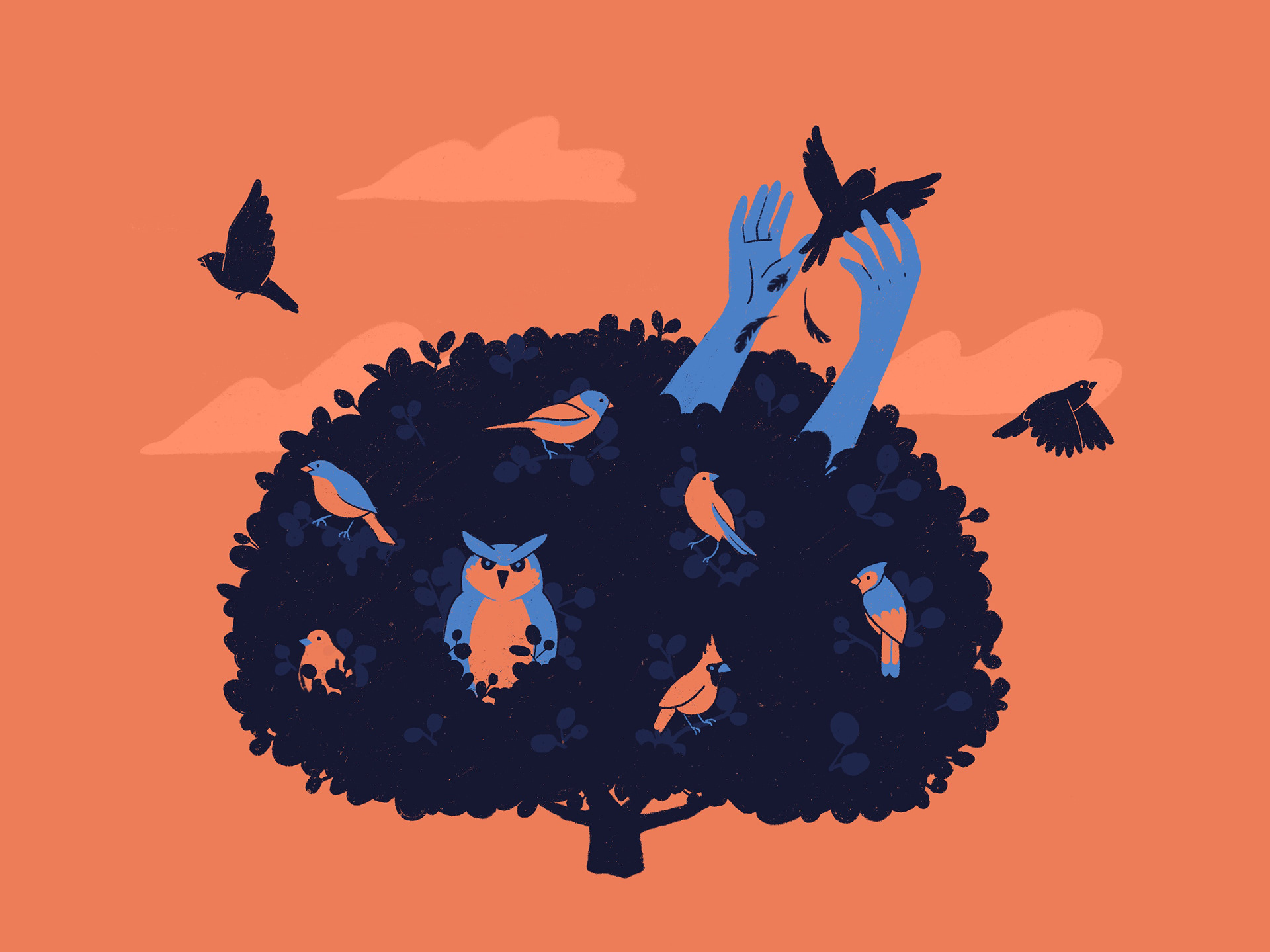 Birds in the bush. A piece about the struggles of freelancing. Made in Procreate