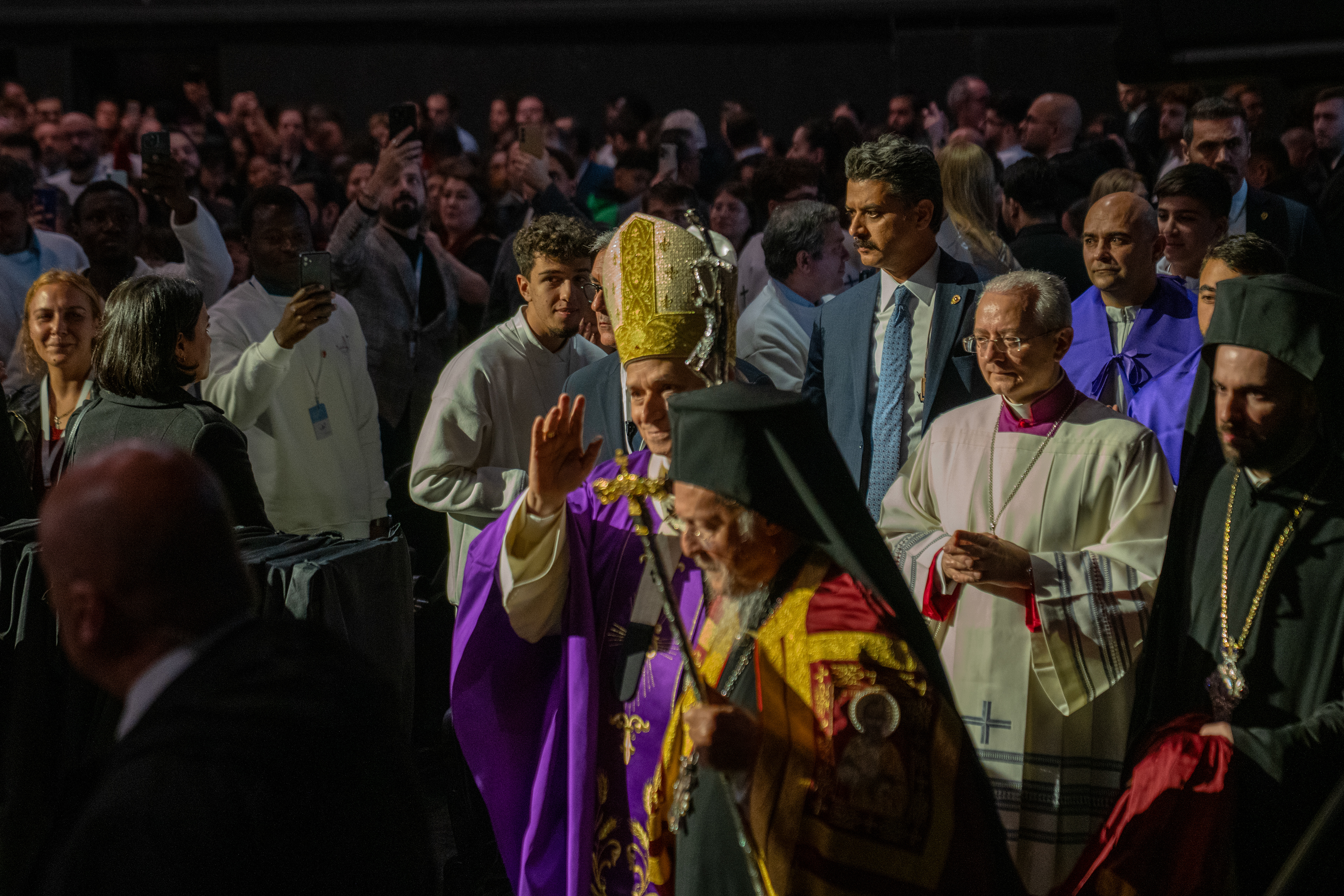 Pope Leo XIV enters the Volkswagen Arena in Istanbul to celebrates a Mass during his first apostolic journey, on November 29, 2025.