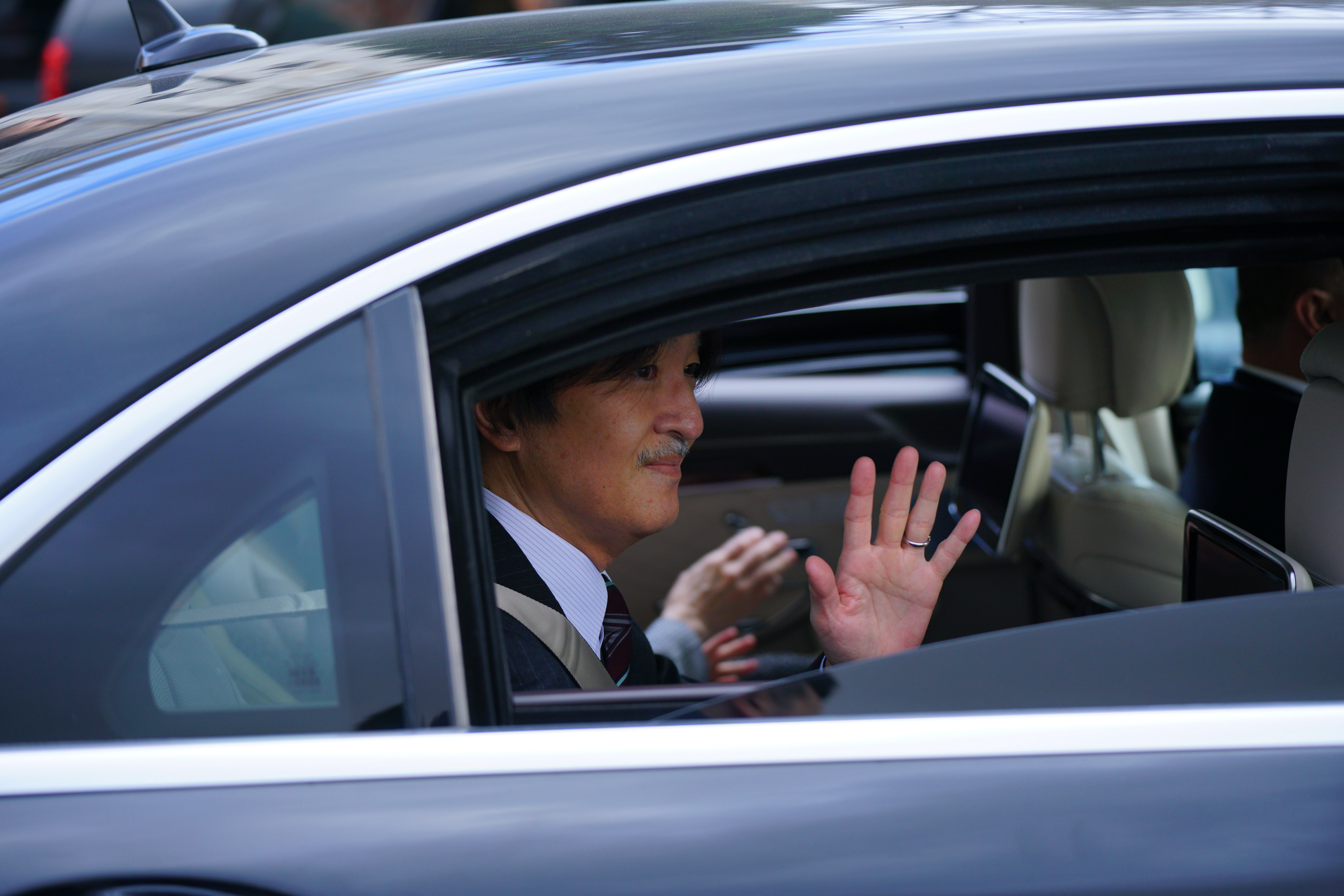 Japanese Crown Prince Akishino greets people as he exits the Hagia Sophia Grand Mosque in Istanbul as part of his visit to Turkey for the 100th anniversary of diplomatic relations between Japan and Turkey on December 5, 2024.