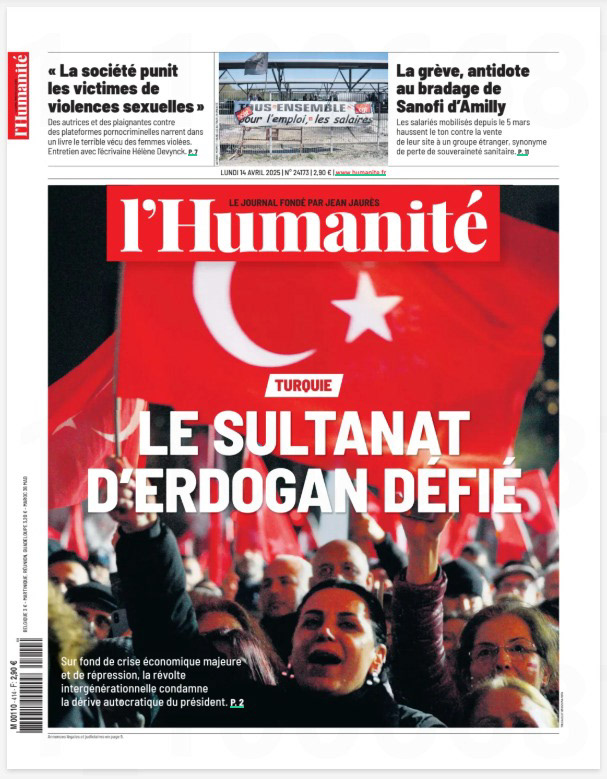 ON THE FRONT PAGE OF L'HUMANITE ON APRIL 14, 2025.