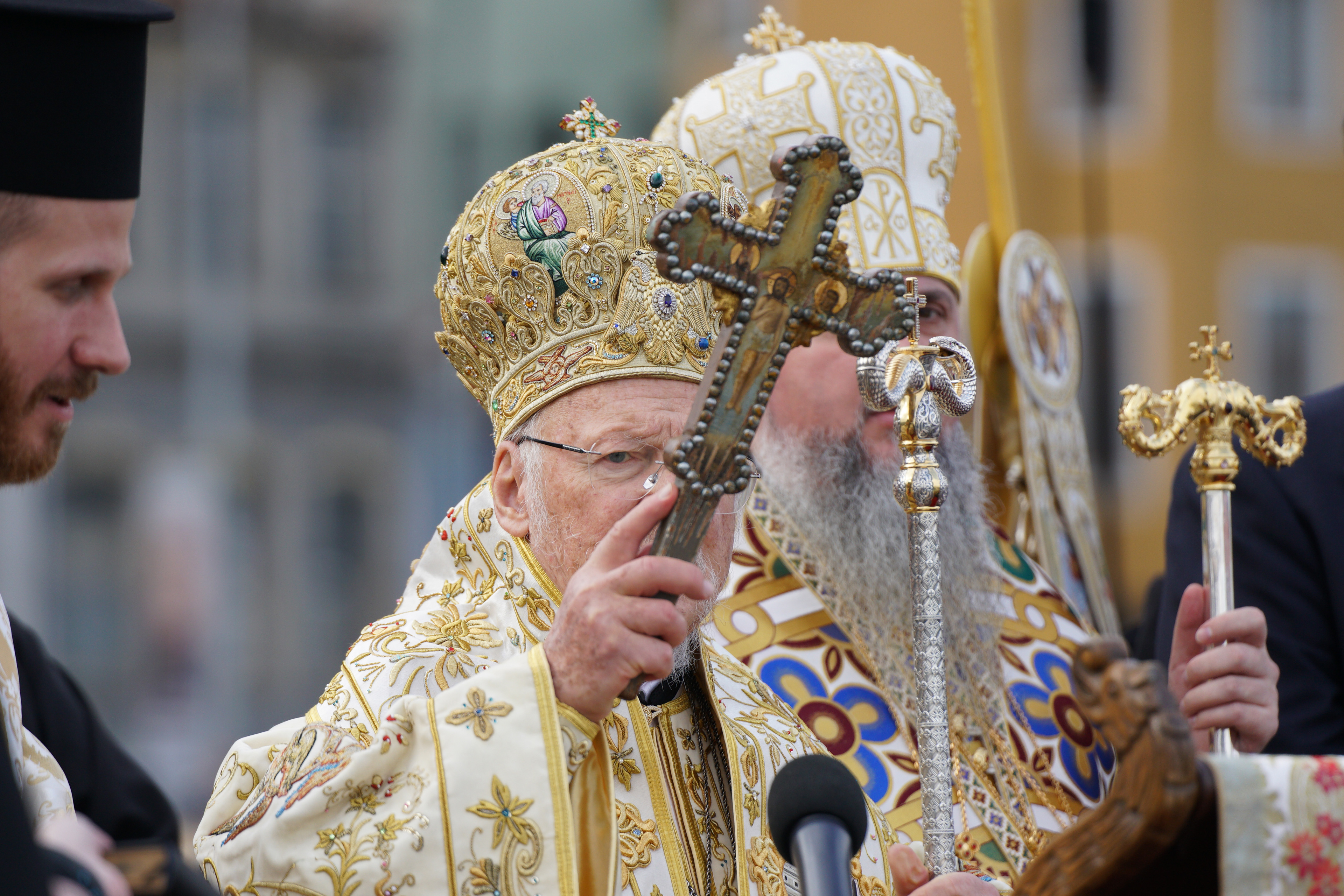 Ecumenical Patriarch Bartholomew I holds a wooden crucifix during a celebration of Epiphany Day by the Golden Horn in Istanbul, Turkey January 6, 2026.