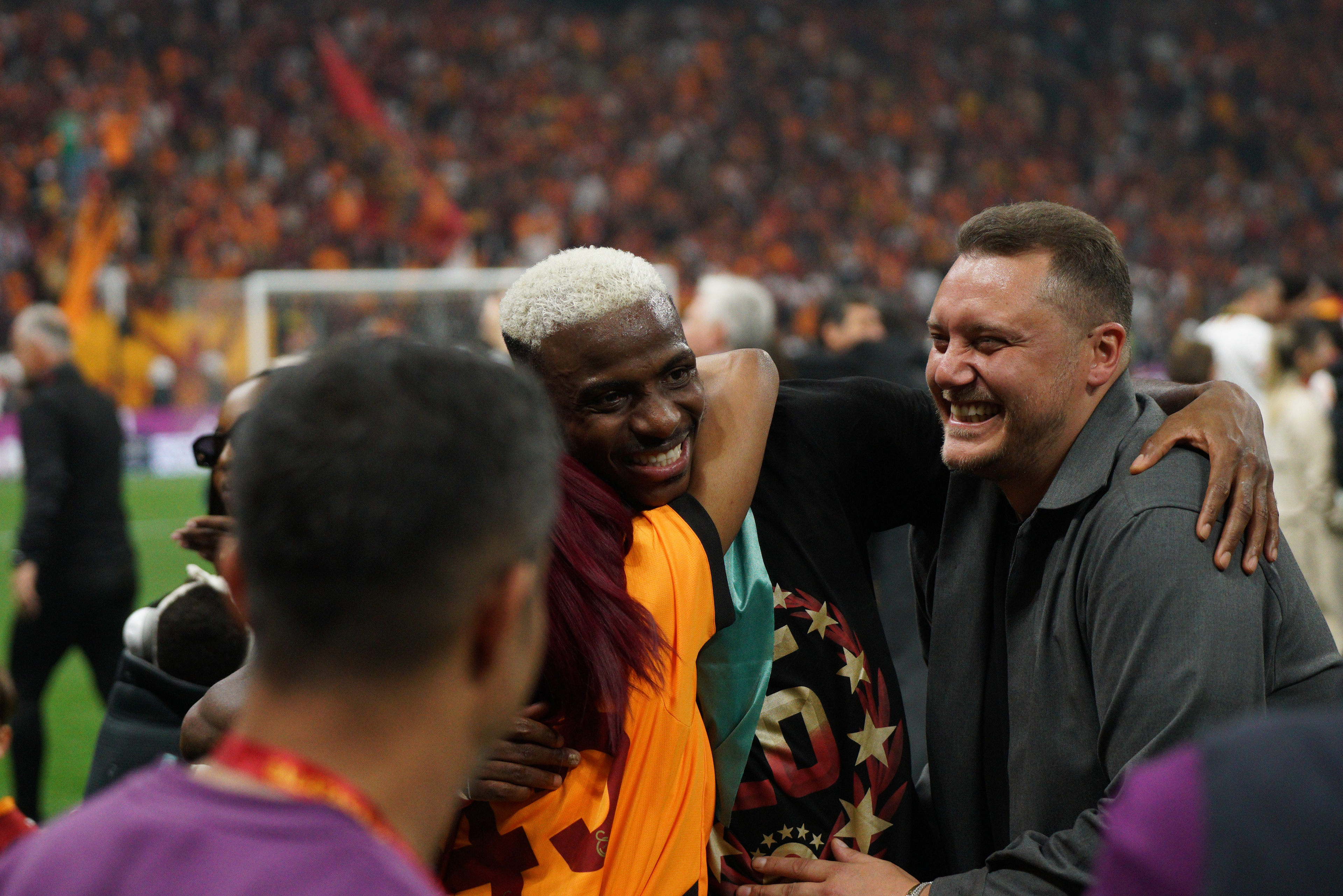 Victor Osimhen of Galatasaray reacts during celebrating their victory against Antalyaspor on May 9, 2026, which secured their 26th Turkish Super League title.