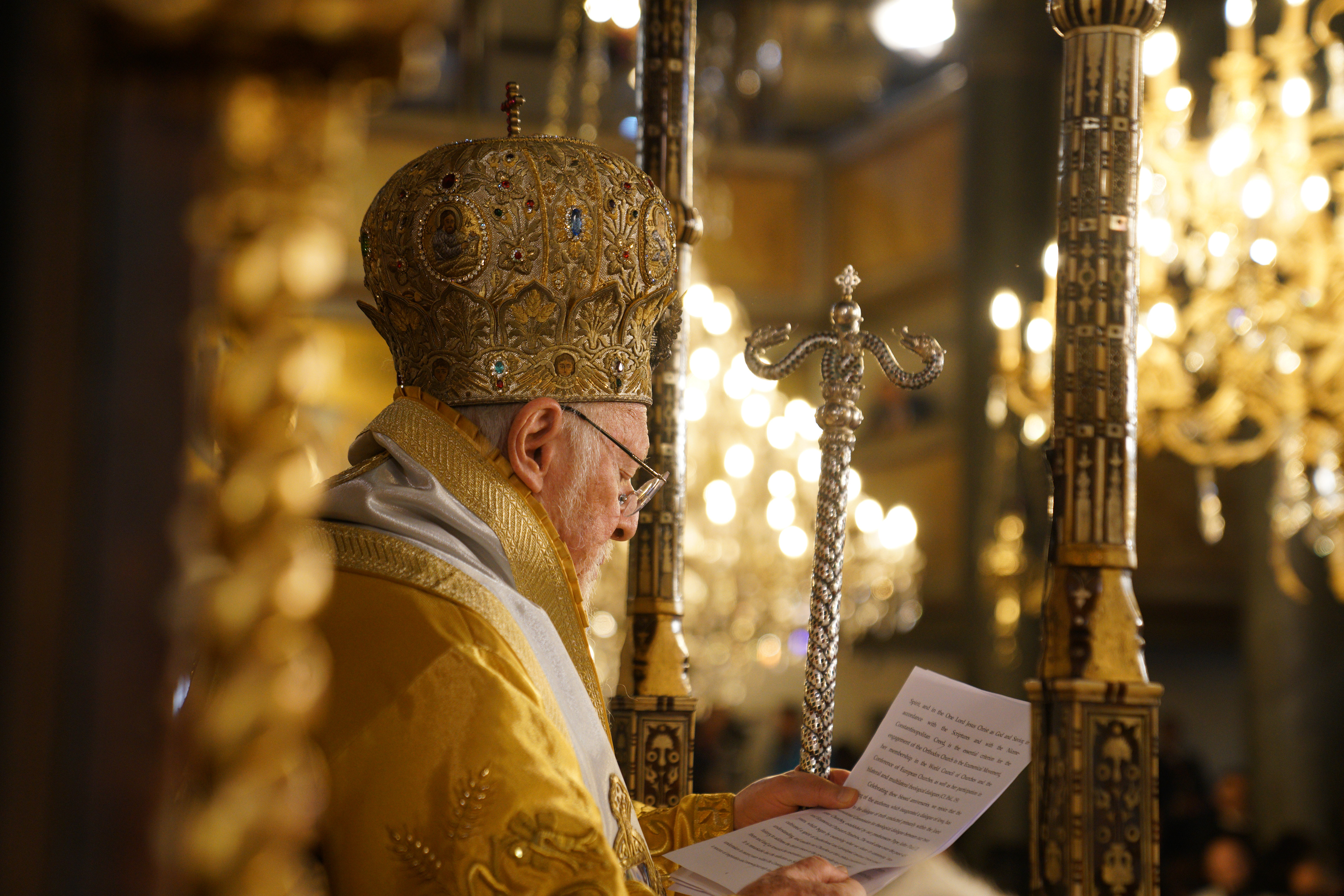 Ecumenical Patriarch Bartholomew I attends a Divine Liturgy at the Patriarchal Church of St. George, during Pope Leo XIV's first apostolic journey, in Istanbul, Turkey, November 30, 2025.