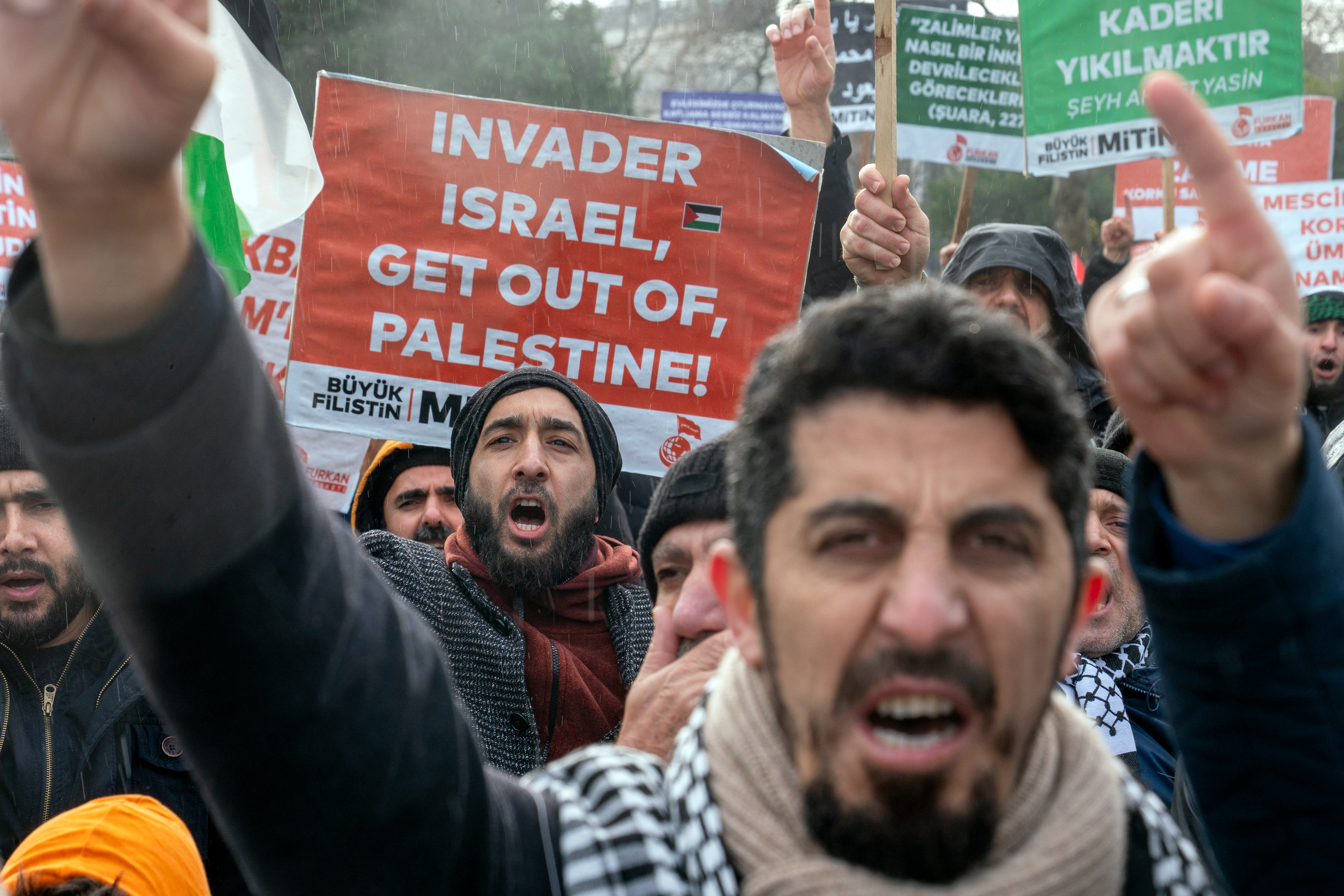 Demonstrators shout slogans during a pro-Palestine march from the Sarachane Square to Beyazit Square, in Istanbul on January 21, 2024.