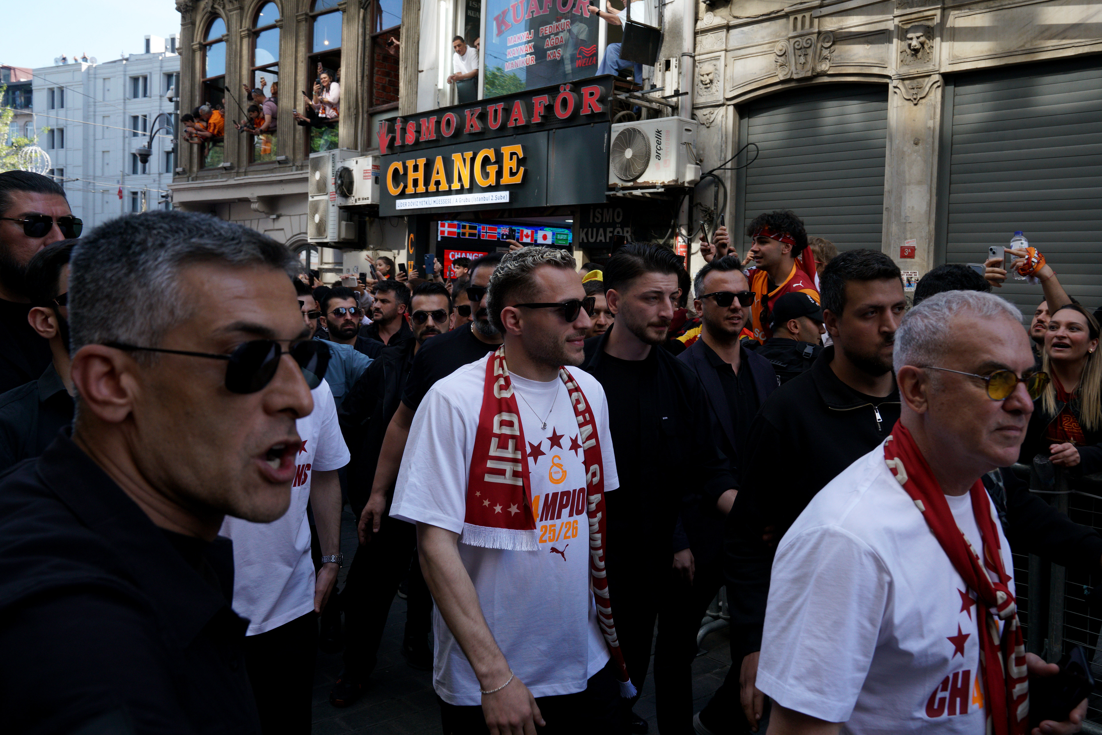 Galatasaray's BARIS ALPER YILMAZ in the parade as they celebrate winning Super Lig in Istanbul on May 15, 2026.