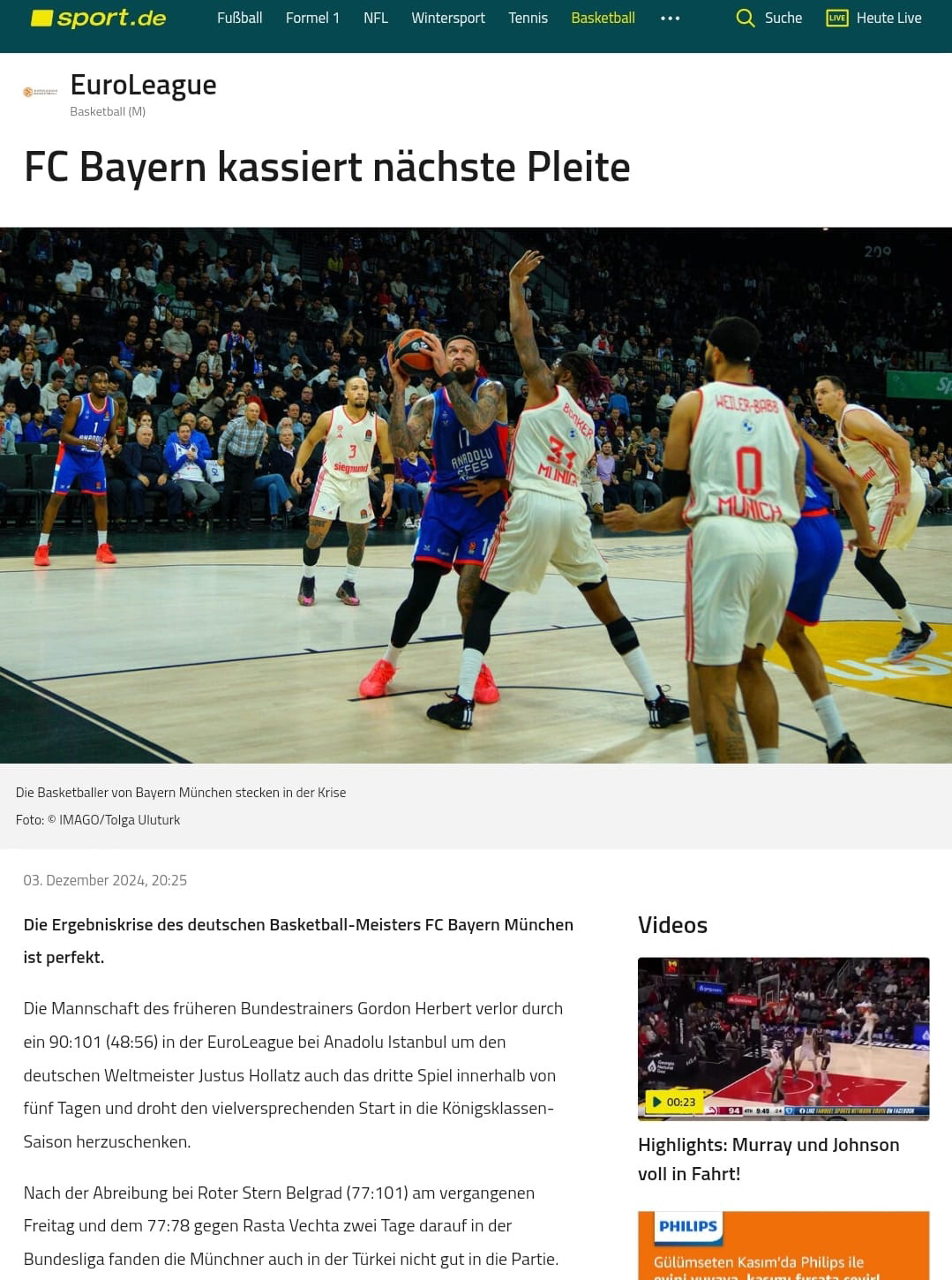 24.12.03 EuroLeague Basketball - Anadolu Efes vs Bayern Munich